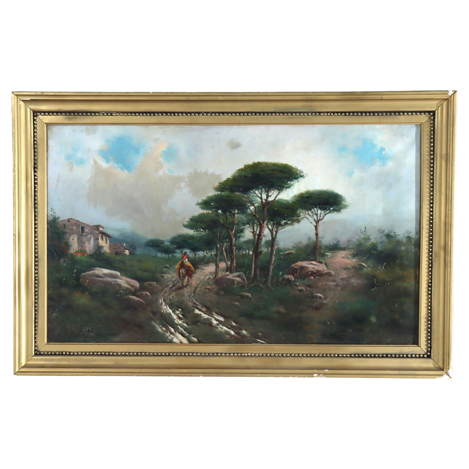 Circa 1907 Large Antique Landscape Oil Painting with Frame: Circa 1907 Large Antique Landscape Oil Painting with Frame This large antique oil on canvas landscape painting, created circa 1907, features a serene rural scene showcasing a lone rider on a path flan