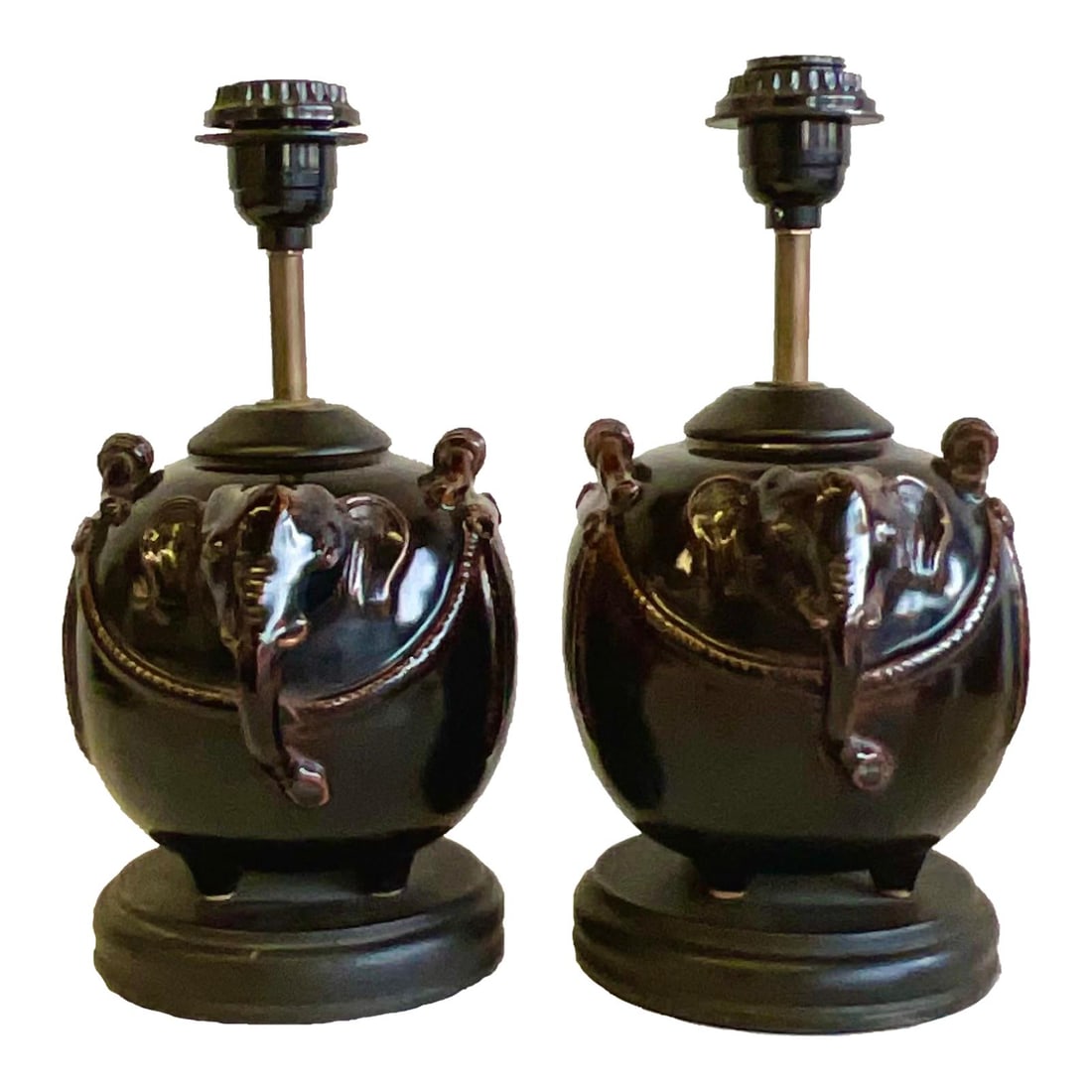 Charming Vintage Ceramic Elephant Lamps Pair 13 Inches Coffee Color: Charming Vintage Ceramic Elephant Lamps Pair 13 Inches Coffee Color Enhance your decor with this delightful pair of vintage glazed ceramic elephant lamps. Each lamp showcases a charming elephant desig