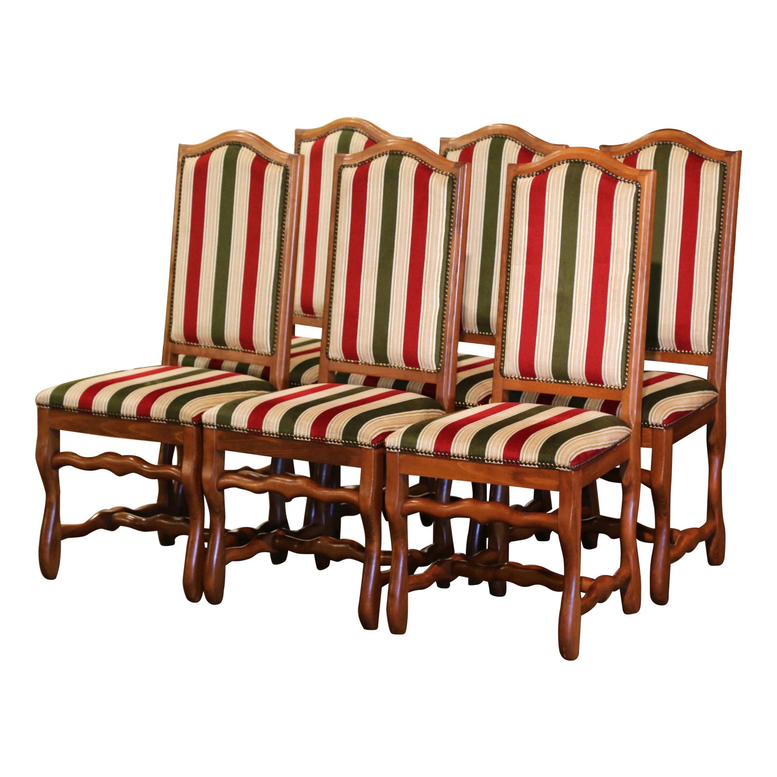 Set of Six French Louis XIII Dining Chairs with Striped Velvet Upholstery: Set of Six French Louis XIII Dining Chairs with Striped Velvet Upholstery Elevate your dining experience with this exquisite set of six Louis XIII style dining chairs, expertly crafted in France aroun