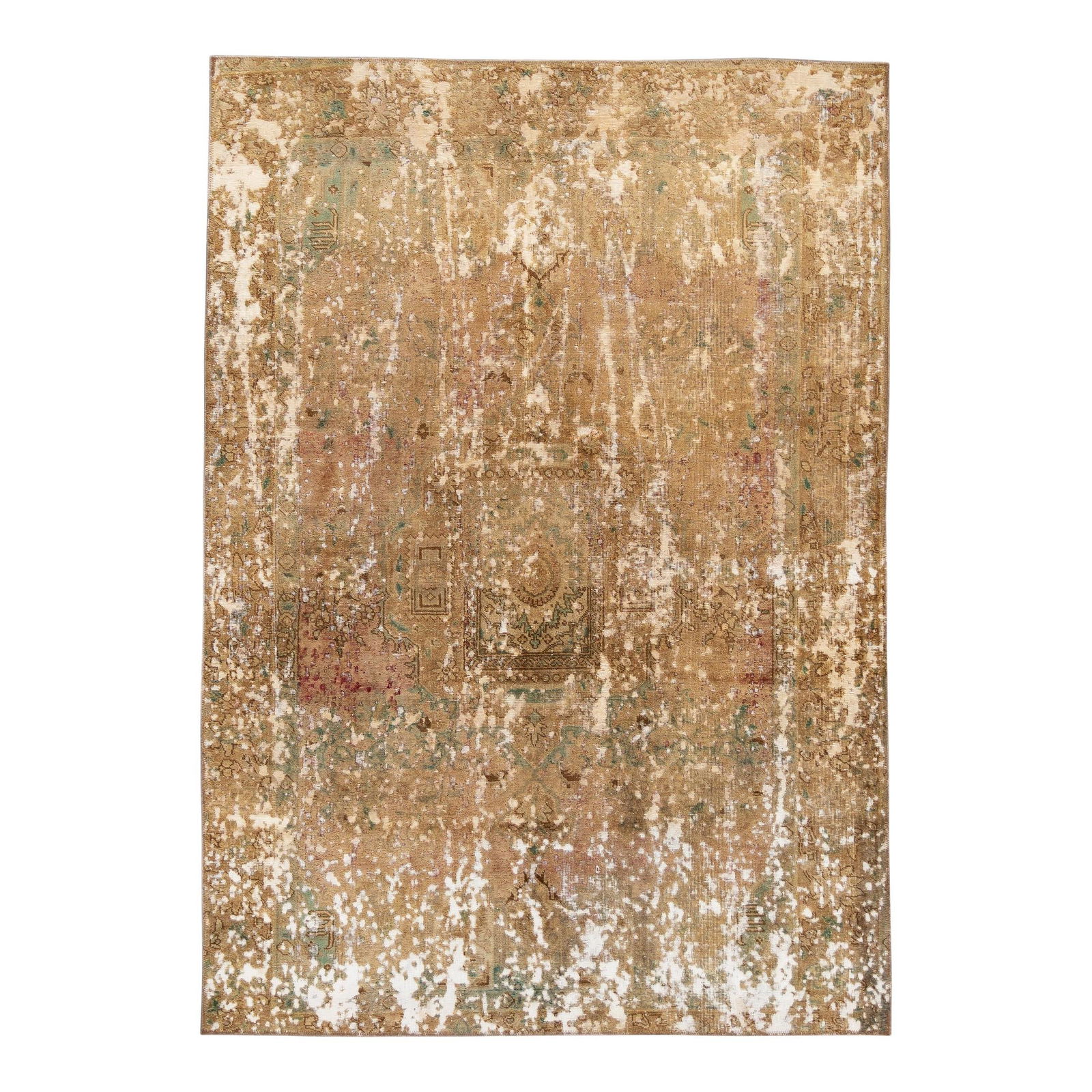 Vintage Hand-Knotted Turkish Wool Rug Tan 6'2" x 8'10" Distressed: Vintage Hand-Knotted Turkish Wool Rug Tan 6'2" x 8'10" Distressed Enhance your space with this exquisite hand-knotted vintage Turkish wool rug, featuring a warm tan field adorned with red and blue acc
