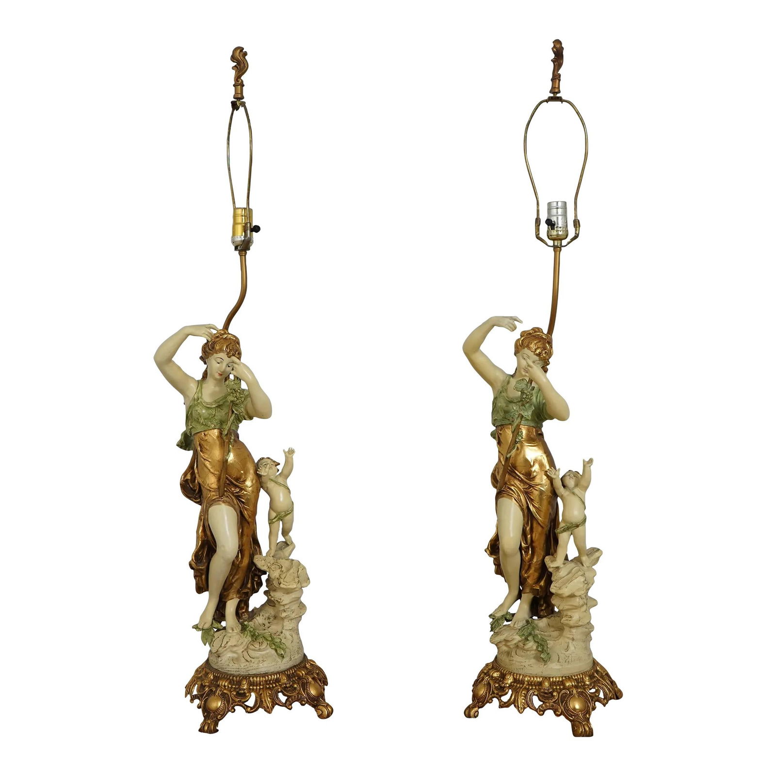 Rare Vintage Louis L&F Moreau Gold Leaf Figural Table Lamps Pair 1930s: Rare Vintage Louis L&F Moreau Gold Leaf Figural Table Lamps Pair 1930s This stunning pair of vintage decorative figural table lamps, created by Louis L&f Moreau in the 1930s, showcases an impressive d