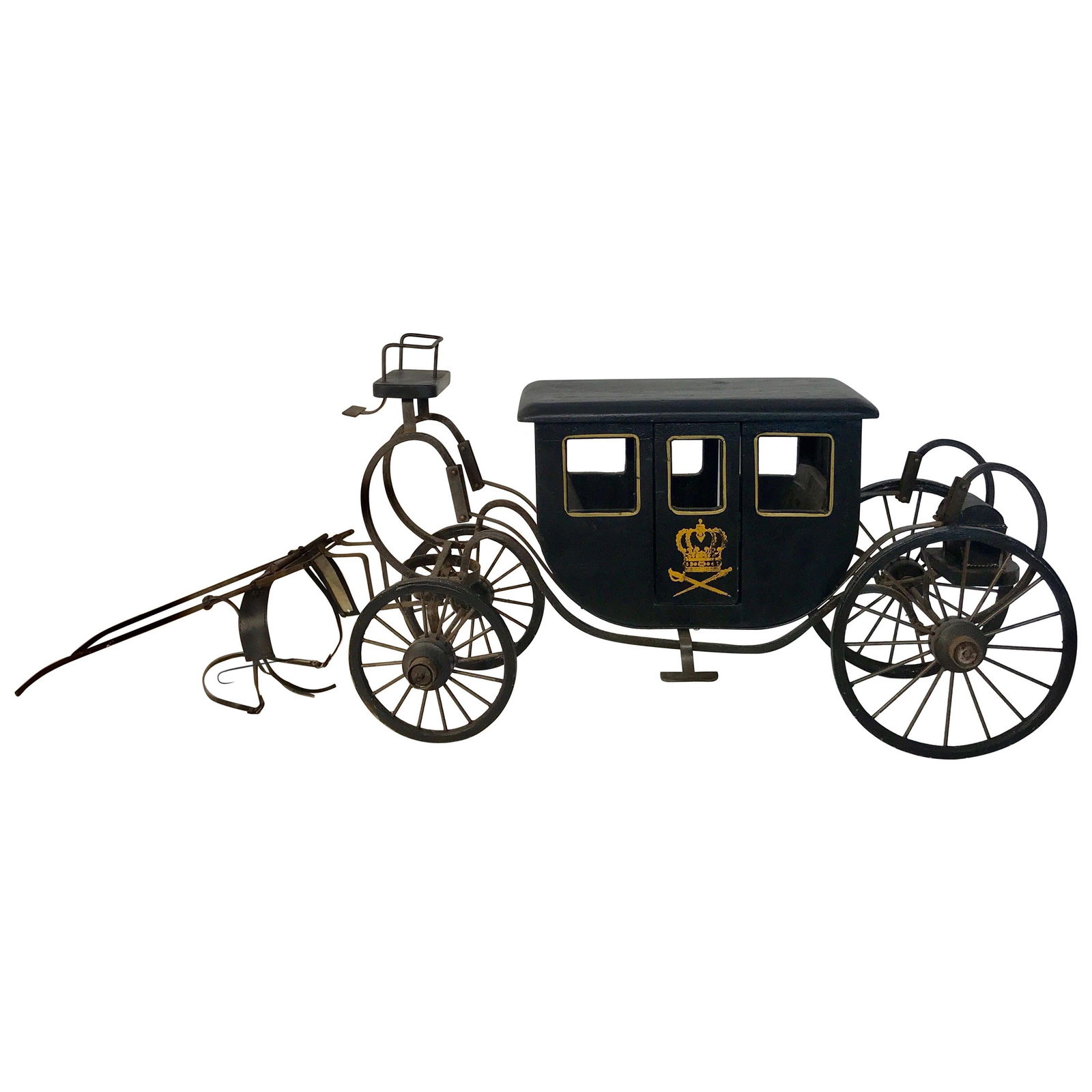 Late Victorian Royal Carriage Model 1900s Europe Leather Wood Metal: Late Victorian Royal Carriage Model 1900s Europe Leather Wood Metal This exquisite model of a Royal Carriage showcases a stunning representation of late Victorian design. Crafted in the early 20th cen