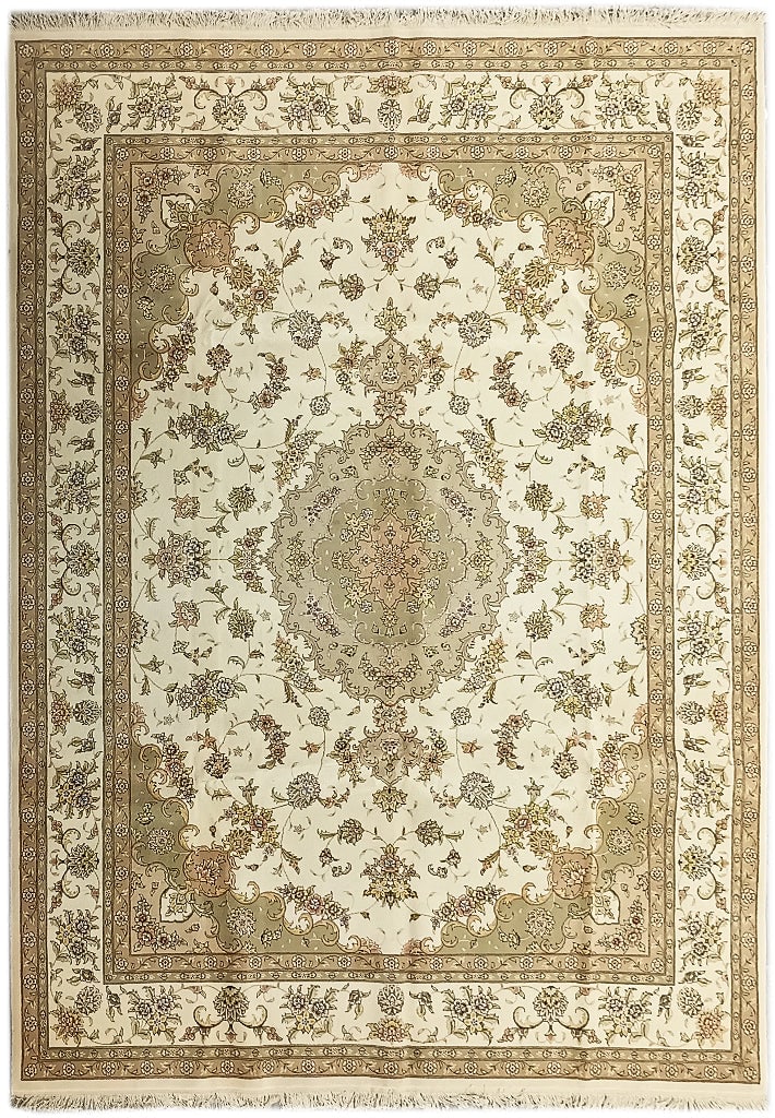 Luxurious 9' x 12' Wool Silk Tabriz Rug Ivory Sage: Luxurious 9' x 12' Wool Silk Tabriz Rug Ivory Sage Free continental US Shipping Enhance your home decor with this exquisite 9' x 12' Tabriz rug, expertly crafted from a luxurious blend of wool and sil