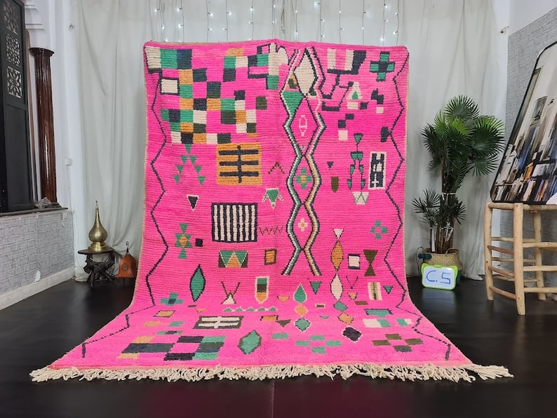 Authentic Handwoven Pink Rug 100% Sheep Wool Morocco 8 x 5 Feet: Authentic Handwoven Pink Rug 100% Sheep Wool Morocco 8 x 5 Feet This authentic pink rug is handwoven by local Berber women weavers in the Atlas Mountains of Morocco, using traditional tools and natura