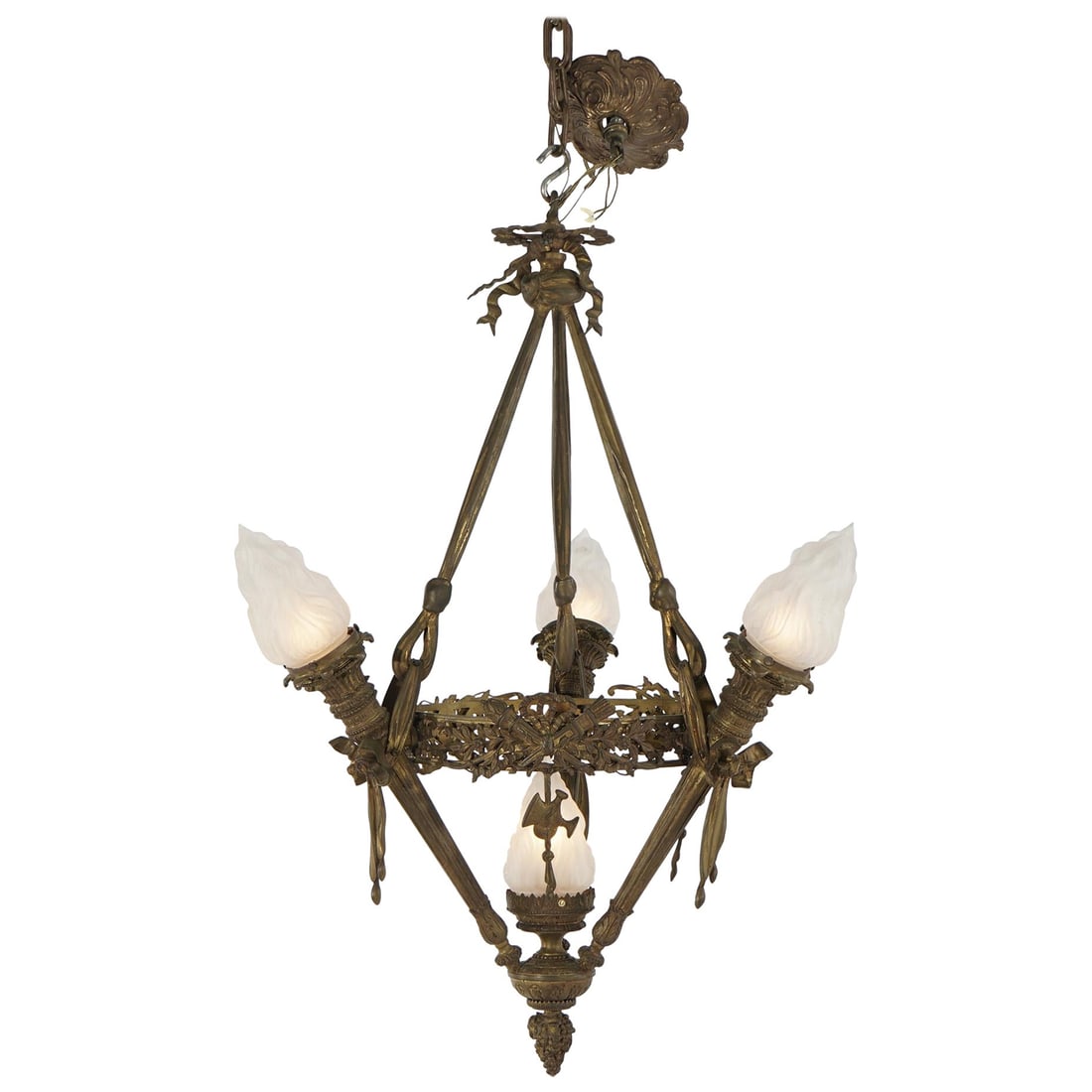 Antique Gilt Bronze Four Light Torch Fixture Gothic Revival C1920: Antique Gilt Bronze Four Light Torch Fixture Gothic Revival C1920 This stunning Antique Gilt Bronze French Empire Figural Four Light Torch Hanging Fixture, dating back to circa 1920, features exquisit