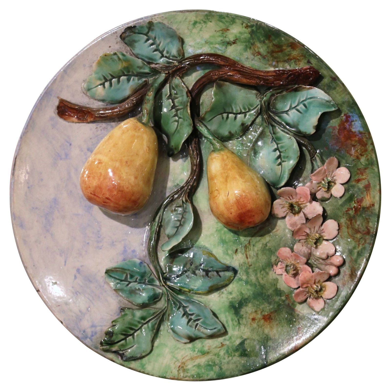 19th Century French Longchamp Hand-Painted Faience Wall Plate: 19th Century French Longchamp Hand-Painted Faience Wall Plate Enhance your kitchen or dining room with this exquisite 19th Century French hand-painted barbotine faience wall plate. Crafted in France a