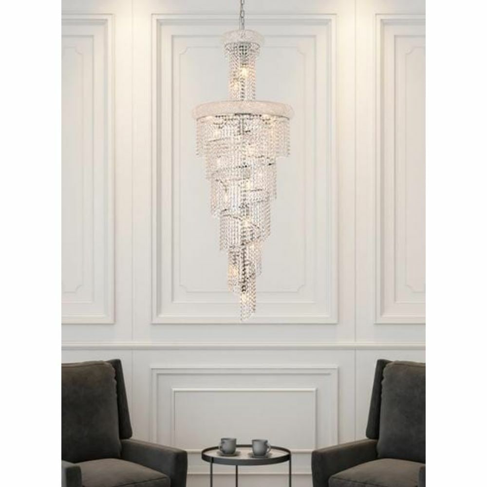Spiral Crystal Chandelier 22 Light 60 Inch Chrome Foyer Dining Room Fixture: Spiral Crystal Chandelier 22 Light 60 Inch Chrome Foyer Dining Room Fixture This large spiral chandelier features 22 lights with a modern chrome finish and royal cut clear crystal accents, creating a