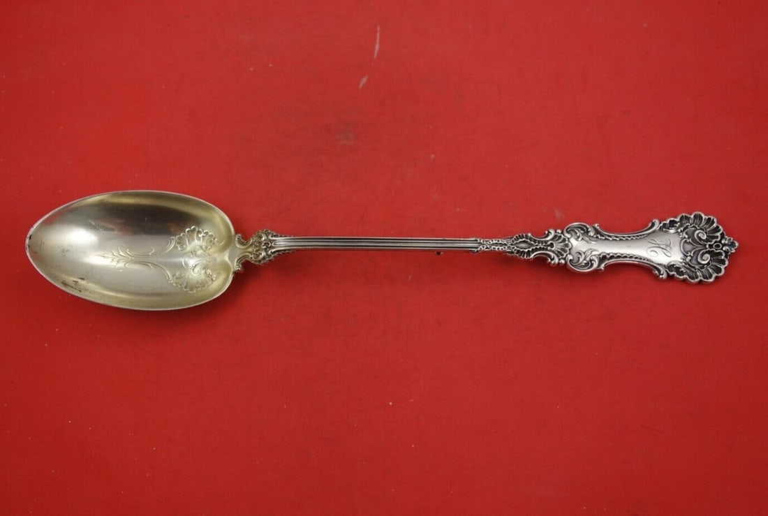 Whiting Pompadour Sterling Silver Stuffing Spoon 11 3/4 inches Monogrammed: Whiting Pompadour Sterling Silver Stuffing Spoon 11 3/4 inches Monogrammed This exquisite Pompadour stuffing spoon, crafted by Whiting, showcases a beautiful design in sterling silver. Measuring 11 3/