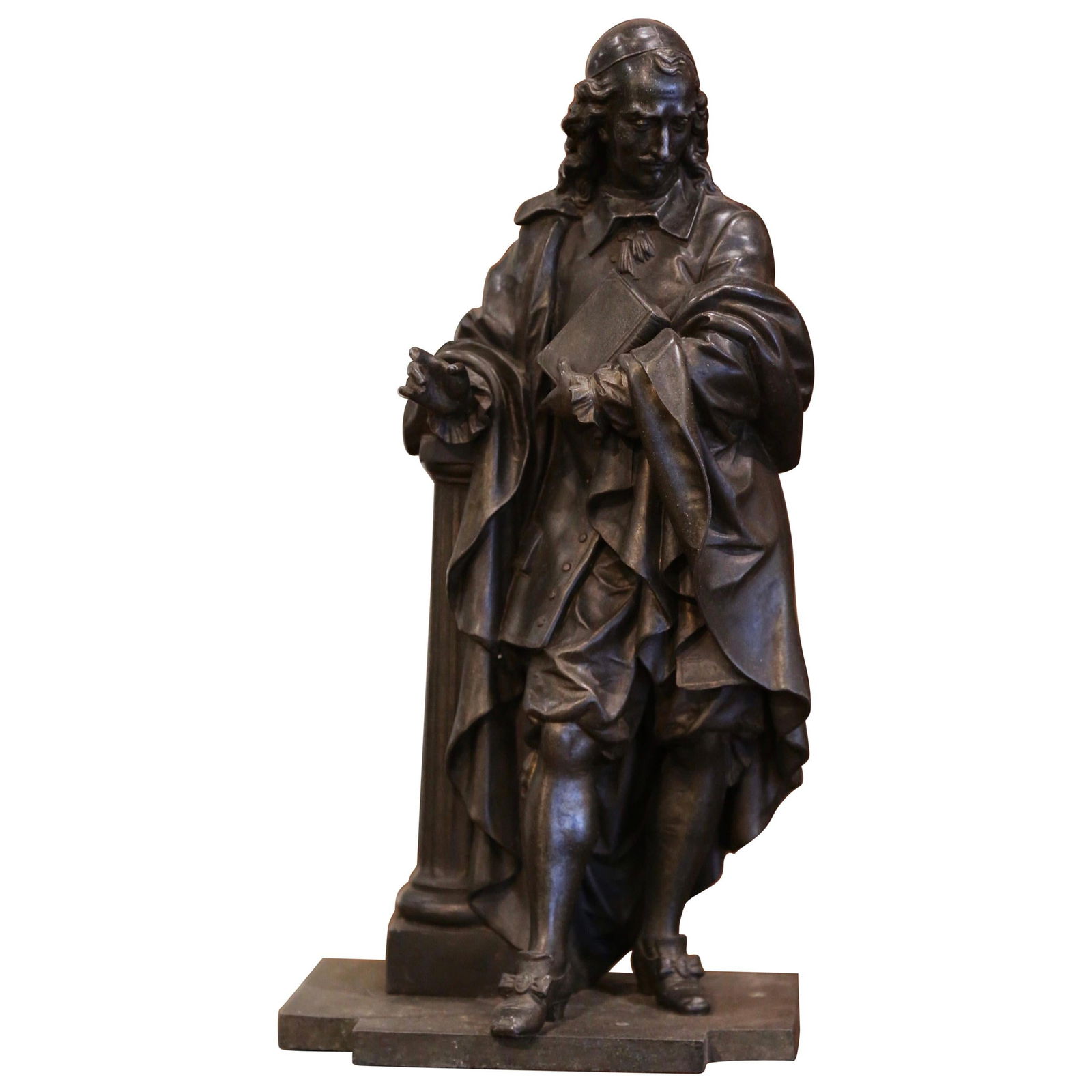 19th Century Patinated Spelter Figure of Blaise Pascal France: 19th Century Patinated Spelter Figure of Blaise Pascal France Discover a remarkable 19th-century spelter figure of the renowned French philosopher Blaise Pascal, crafted in France circa 1870. This ele