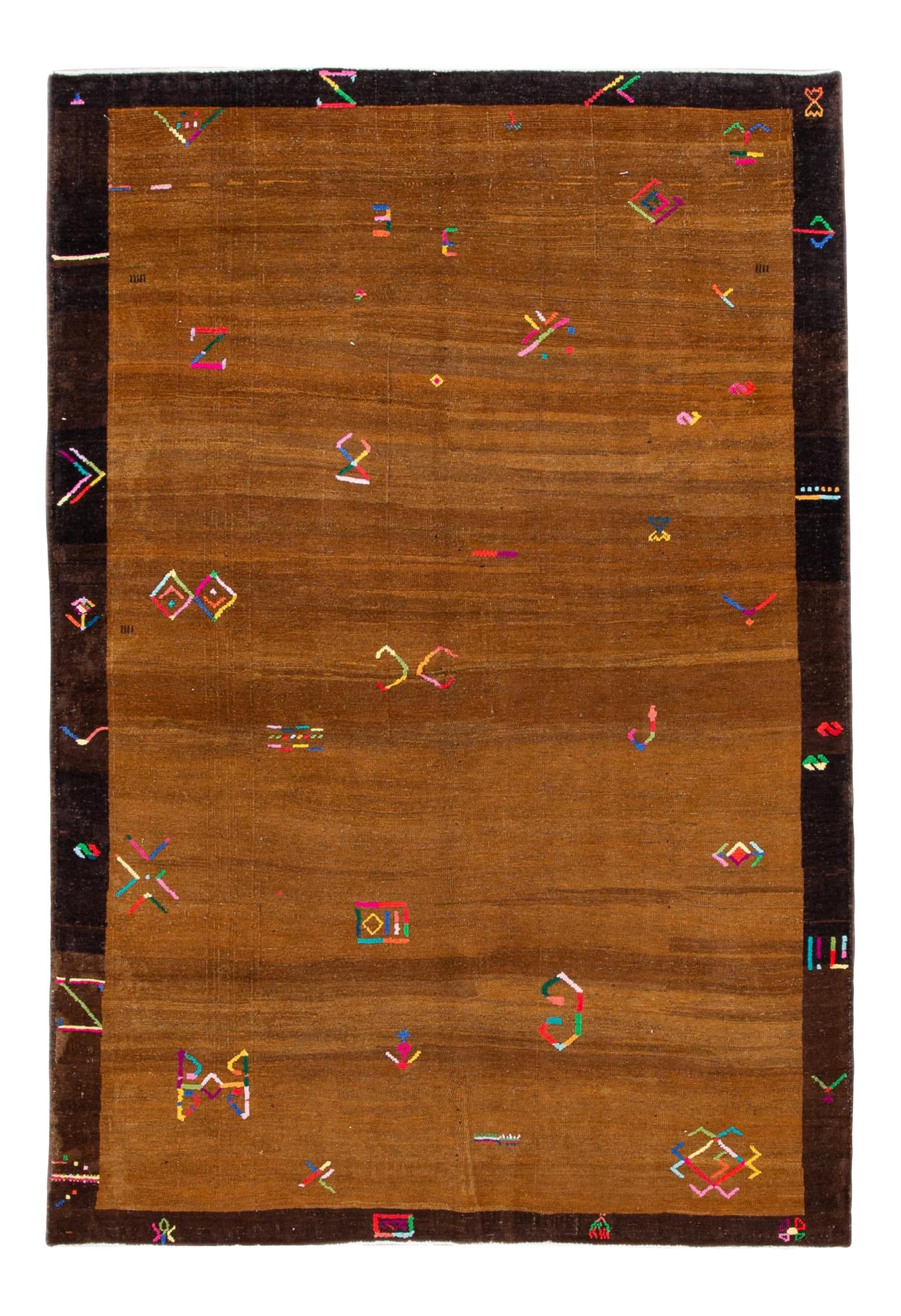 Vintage Turkish Hand-Knotted Wool Rug Expressionist Design 6'1 x 8'10: Vintage Turkish Hand-Knotted Wool Rug Expressionist Design 6'1 x 8'10 Discover a stunning vintage Turkish hand-knotted wool rug that showcases a beautiful tan field. This exquisite piece features a ri