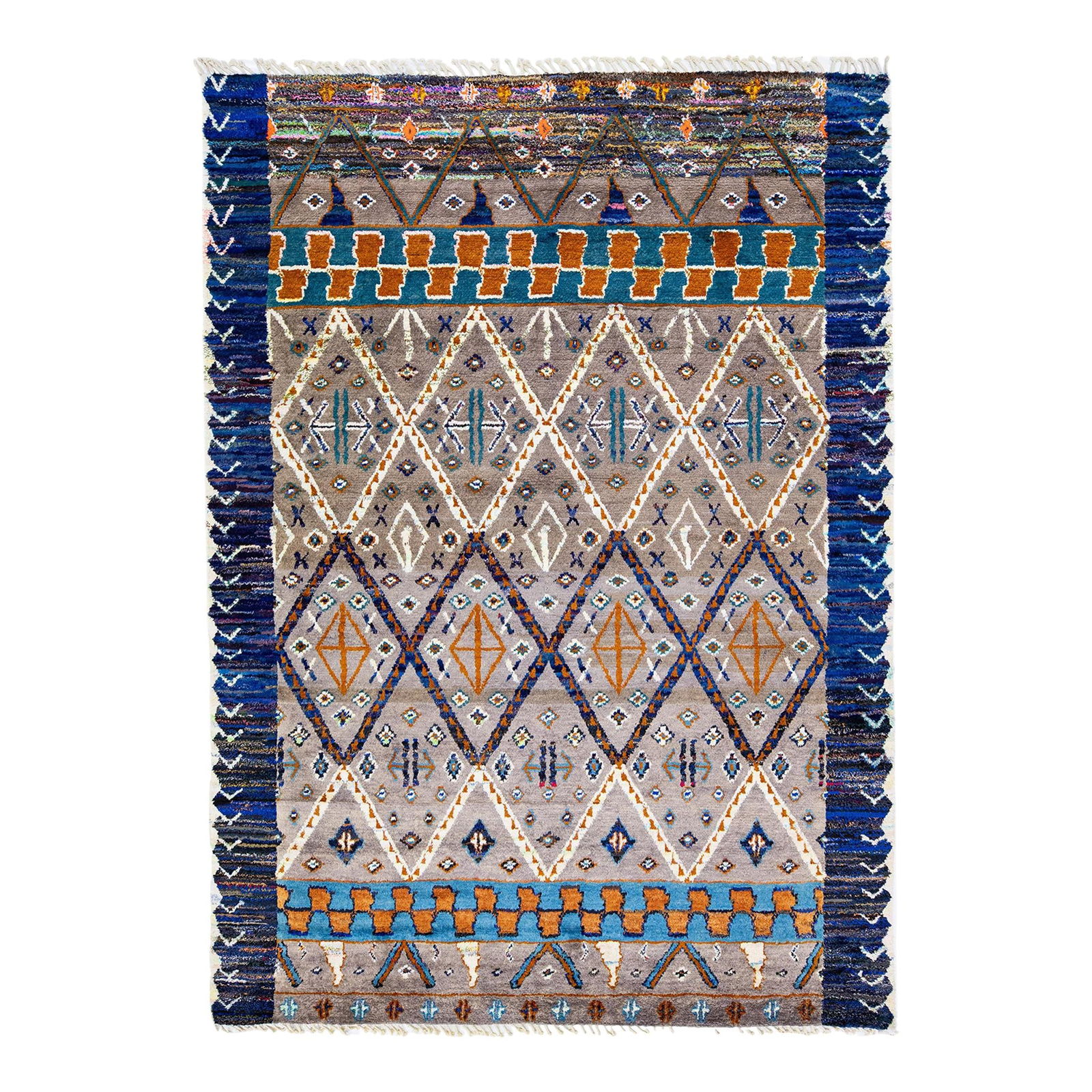 Modern Moroccan Hand-Knotted Wool Rug Multicolor Tribal Design 8'10 x 12'3: Modern Moroccan Hand-Knotted Wool Rug Multicolor Tribal Design 8'10 x 12'3 Enhance your space with this exquisite modern Moroccan style hand-knotted wool rug, featuring a striking gray and brown field