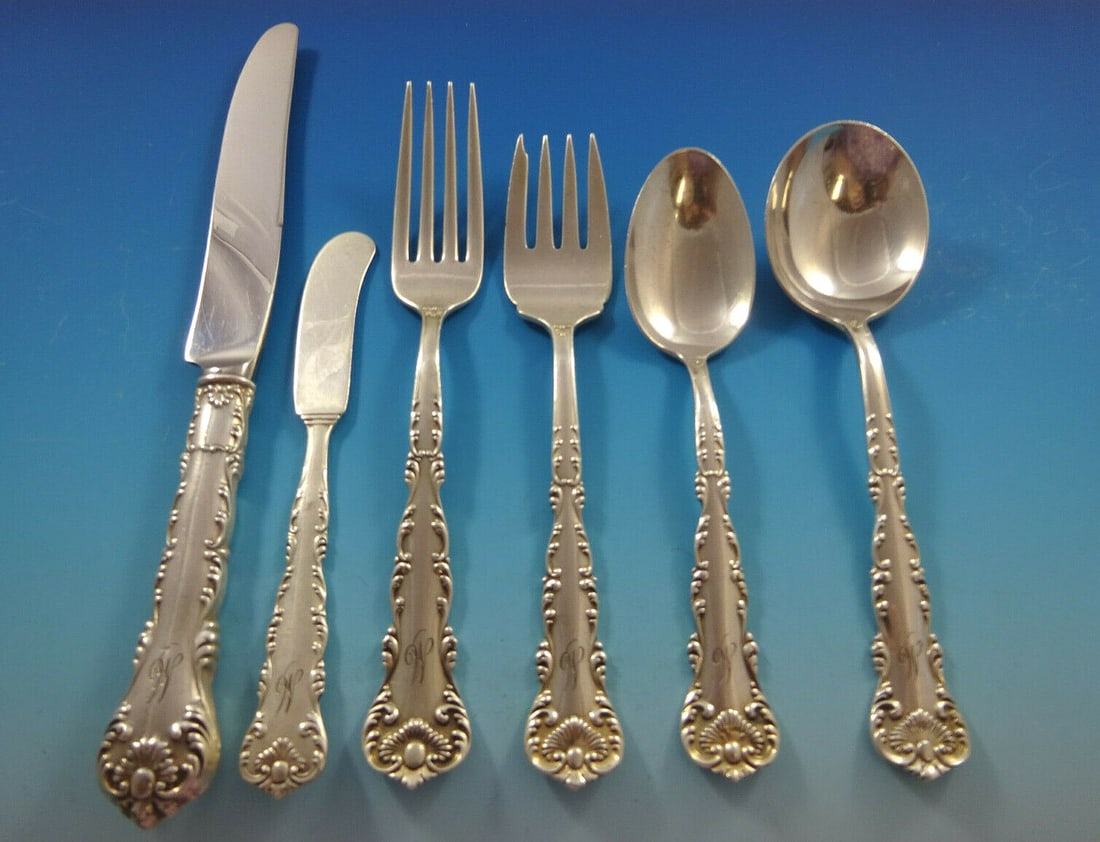 Frank Whiting Kings Court Sterling Silver 76 Piece Flatware Set M Monogram: Frank Whiting Kings Court Sterling Silver 76 Piece Flatware Set M Monogram Elevate your dining experience with this exquisite 76-piece flatware set from the Kings Court pattern by Frank Whiting. Craft