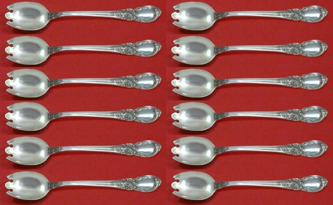 Lunt American Victorian Sterling Silver Ice Cream Fork Set 12pc: Lunt American Victorian Sterling Silver Ice Cream Fork Set 12pc This exquisite 12-piece set of ice cream dessert forks features the elegant American Victorian pattern by Lunt. Crafted from high-qualit