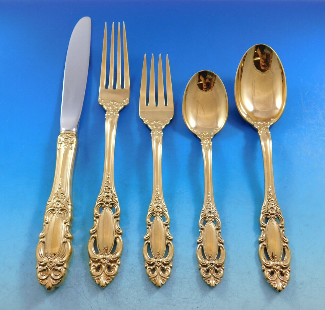 Towle Grand Duchess Gold Flatware Set 60 pcs for 12 with Storage Chest: Towle Grand Duchess Gold Flatware Set 60 pcs for 12 with Storage Chest Elevate your dining experience with the Grand Duchess Gold by Towle Sterling Silver Flatware Set, designed to serve 12 guests wit