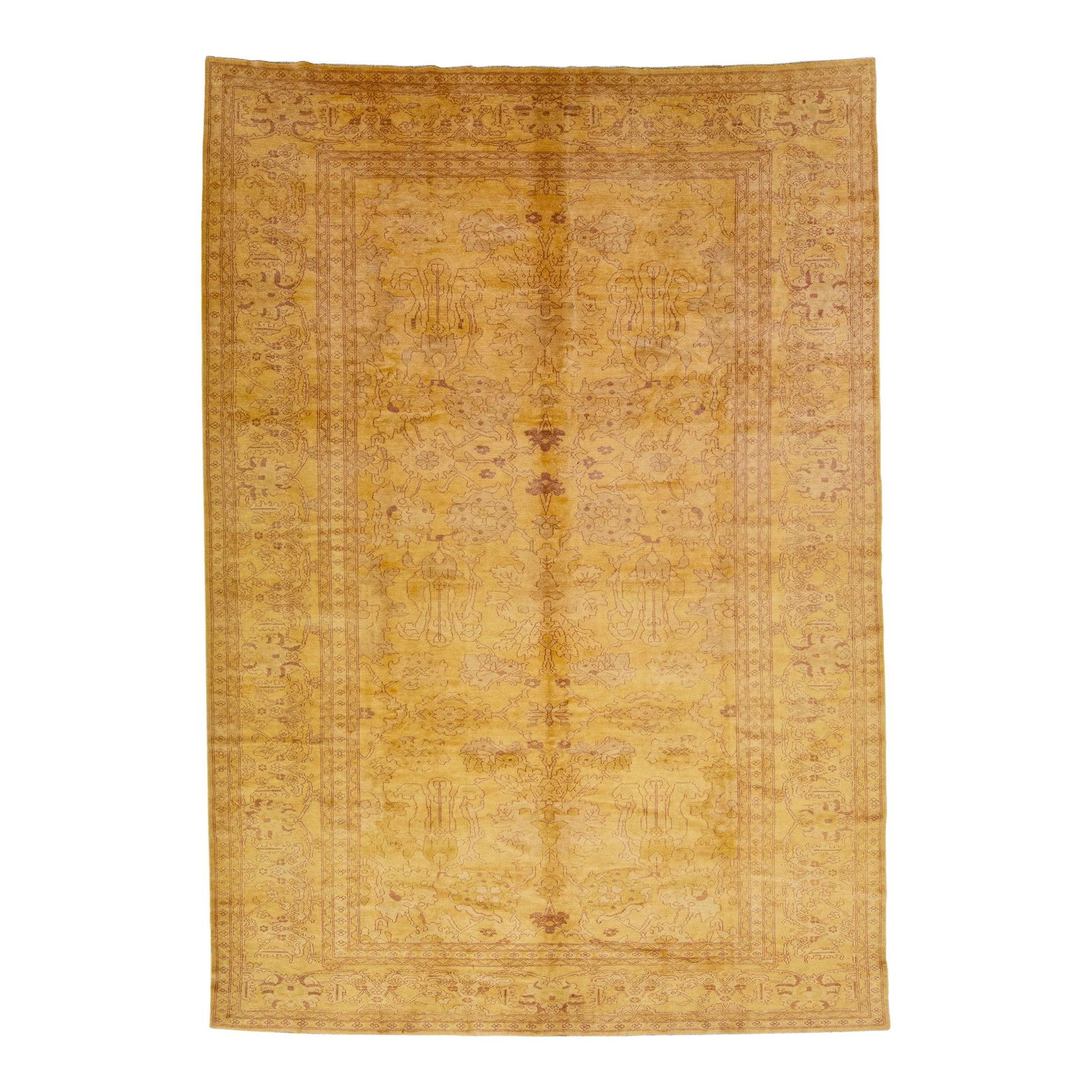 Vintage Hand-Knotted Indian Wool Rug 9' x 13' Floral Goldenrod: Vintage Hand-Knotted Indian Wool Rug 9' x 13' Floral Goldenrod This exquisite hand-knotted wool rug features a stunning vintage Indian design, showcasing a goldenrod color field beautifully complement