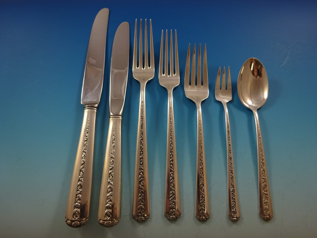 Towle Rambler Rose Sterling Silver Flatware Set 63 Pcs Service for 8 with Storage Chest: Towle Rambler Rose Sterling Silver Flatware Set 63 Pcs Service for 8 with Storage Chest Enhance your dining experience with the exquisite Rambler Rose flatware set by Towle, featuring a charming patte