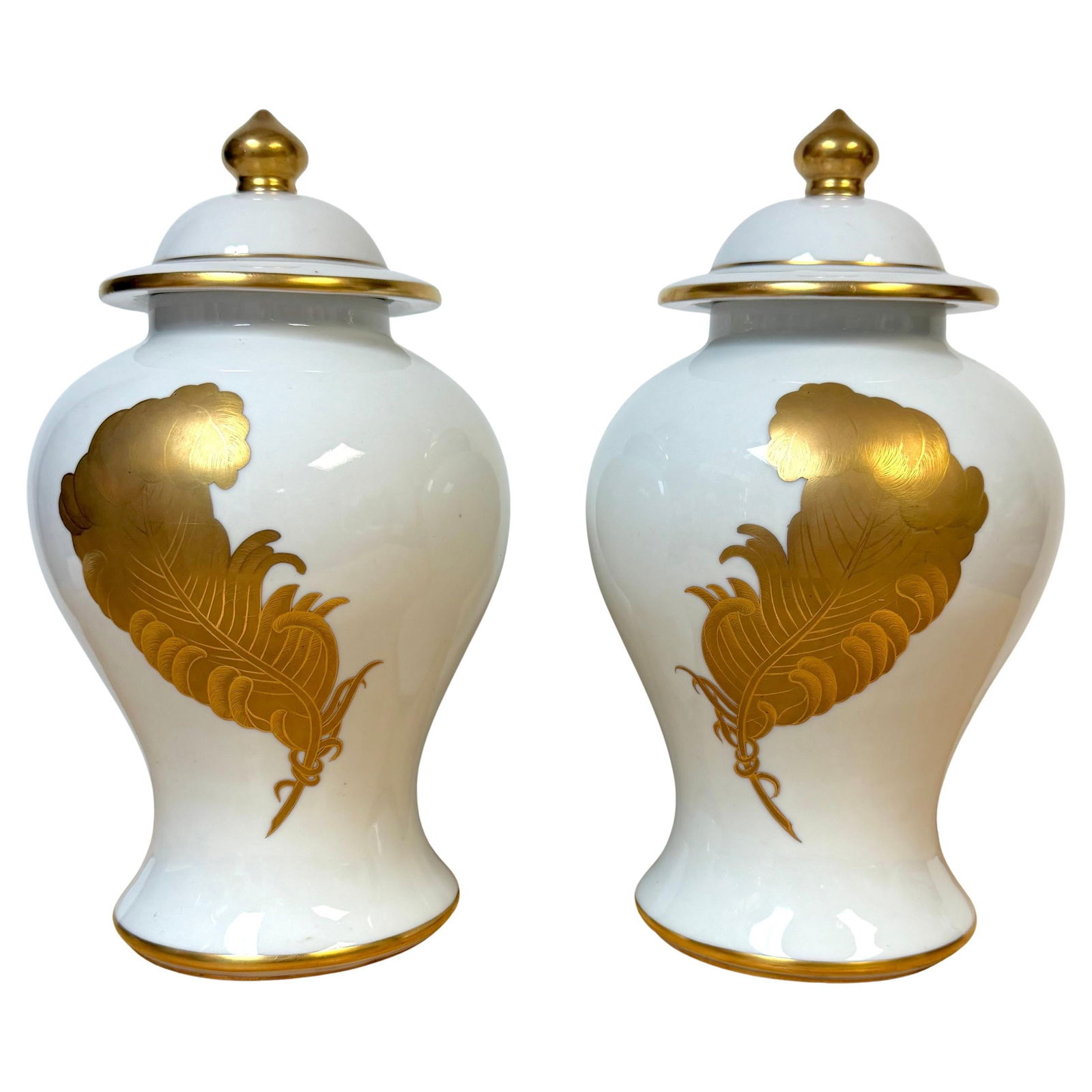 Set of 4 Maison Jansen Style Gilt Feather Porcelain Urns France 1945-1960: Set of 4 Maison Jansen Style Gilt Feather Porcelain Urns France 1945-1960 This exquisite pair of Porcelaine de Paris covered urns showcases the elegant neoclassical revival style reminiscent of Maison