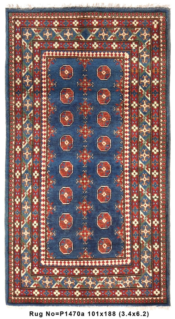 3.4' x 6.2' Blue Wool Hand-Knotted Afghan Bokara Area Rug: 3.4' x 6.2' Blue Wool Hand-Knotted Afghan Bokara Area Rug Free continental US Shipping Enhance your living space with this stunning 3'4" x 6'2" Blue Wool Afghan Bokara Rug, a testament to the exquisit