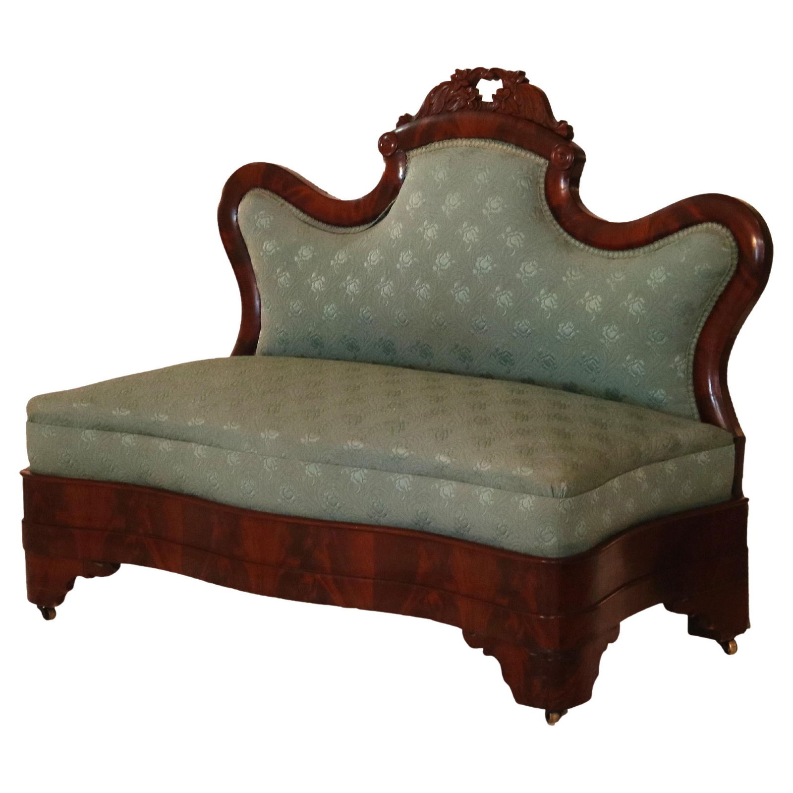 Antique American Empire Carved Flame Mahogany Slipper Bench C1850: Antique American Empire Carved Flame Mahogany Slipper Bench C1850 This elegant Antique American Empire Carved Flame Mahogany & Upholstered Slipper Bench, dating to circa 1850, is a stunning representa