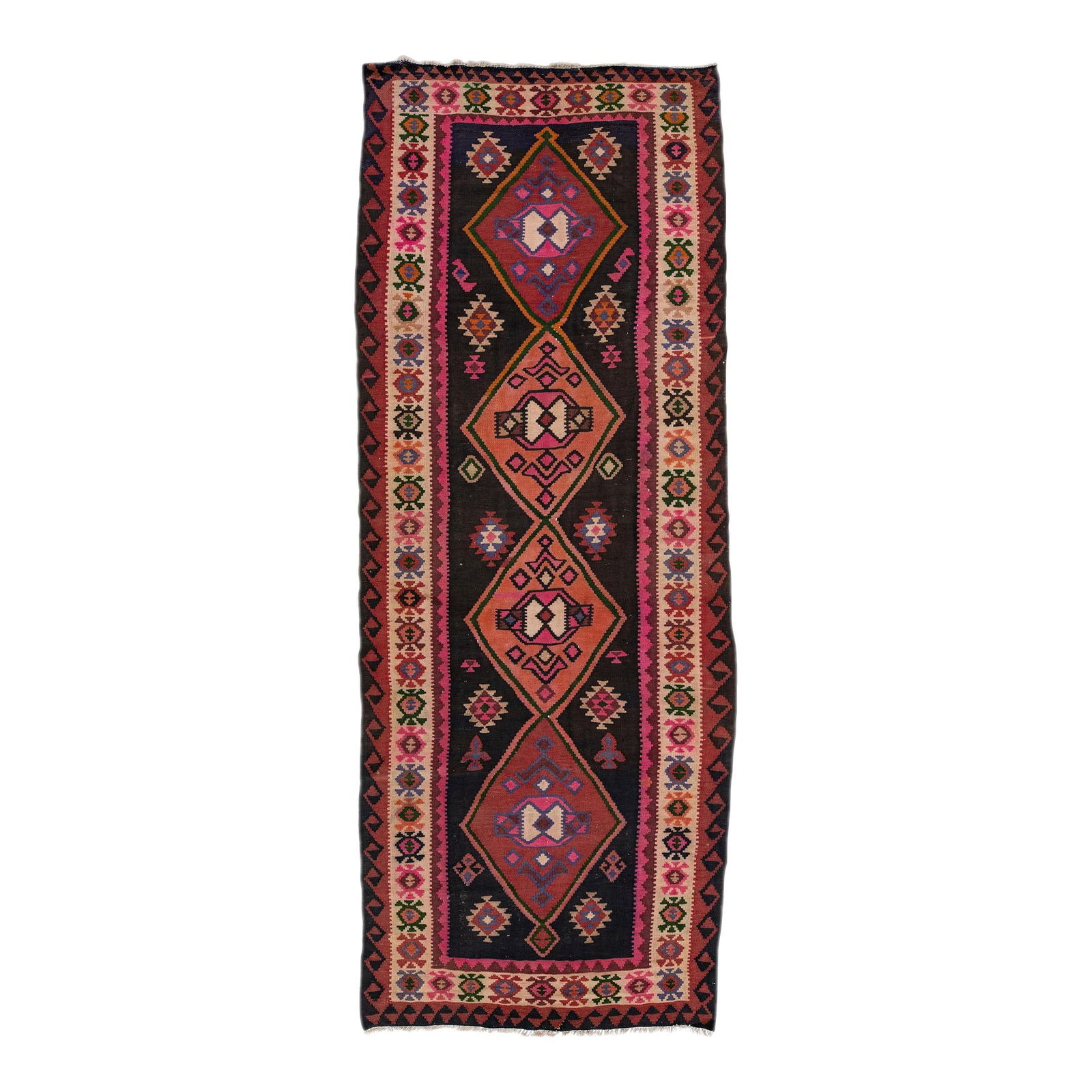 Vintage Turkish Kilim Handmade Wool Runner Multicolor Tribal 5'1" x 13': Vintage Turkish Kilim Handmade Wool Runner Multicolor Tribal 5'1" x 13' This stunning vintage Turkish Kilim runner features a vibrant red field adorned with a geometric tribal design in multicolor acc