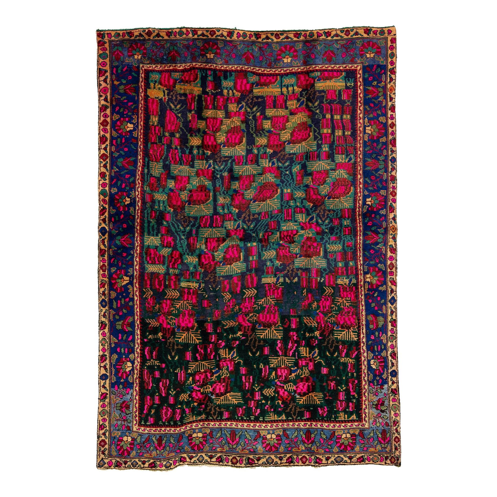Vintage Handmade Shiraz Purple Floral Wool Rug 4'9 x 6'11: Vintage Handmade Shiraz Purple Floral Wool Rug 4'9 x 6'11 Discover the elegance of this Vintage Handmade Shiraz Wool Rug, featuring a stunning purple color field complemented by a blue frame and vibra
