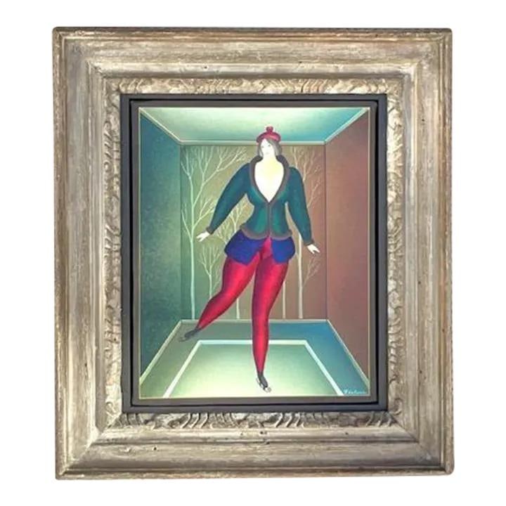 Vintage Boho Original Oil Painting Dancing Woman on Skates: Vintage Boho Original Oil Painting Dancing Woman on Skates This charming vintage Boho original oil painting features a chic abstract figure of a dancing woman on skates, beautifully rendered on canvas