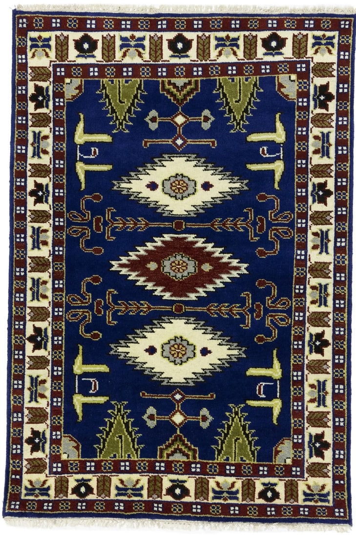 Hand-Knotted 4x6 Kazak Wool Rug Geometric Tribal Design: Hand-Knotted 4x6 Kazak Wool Rug Geometric Tribal Design Enhance your space with this exquisite hand-knotted Kazak Oriental rug, perfect for adding a touch of modern elegance to any room. This geometri