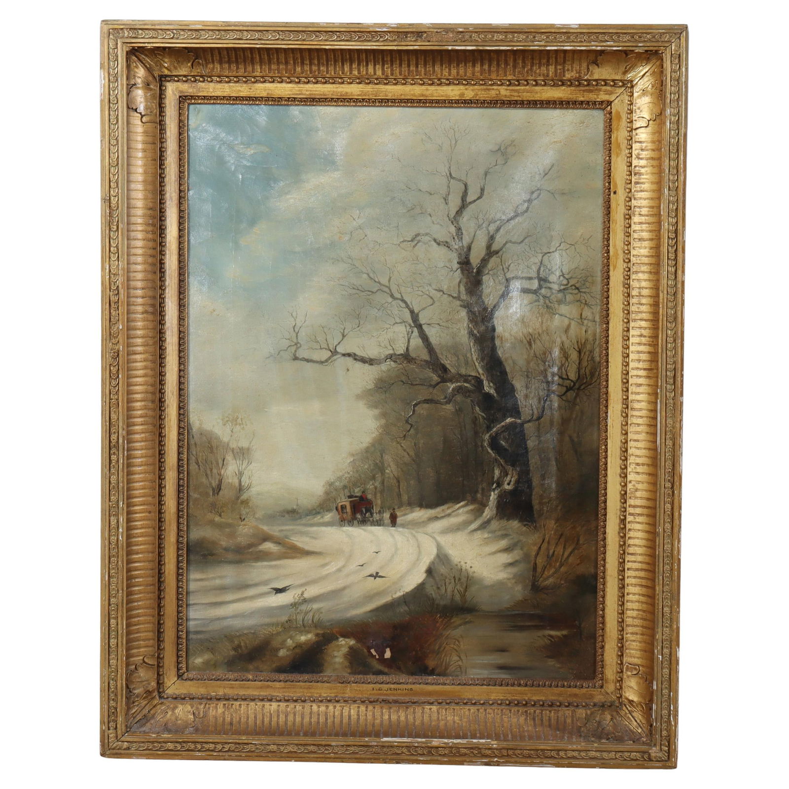 Oil on Canvas Winter Landscape Signed I G Jenkins c1900 with Attributed Frame: Oil on Canvas Winter Landscape Signed I G Jenkins c1900 with Attributed Frame This exquisite antique oil on canvas painting, created by I. G. Jenkins circa 1900, beautifully depicts a serene winter la