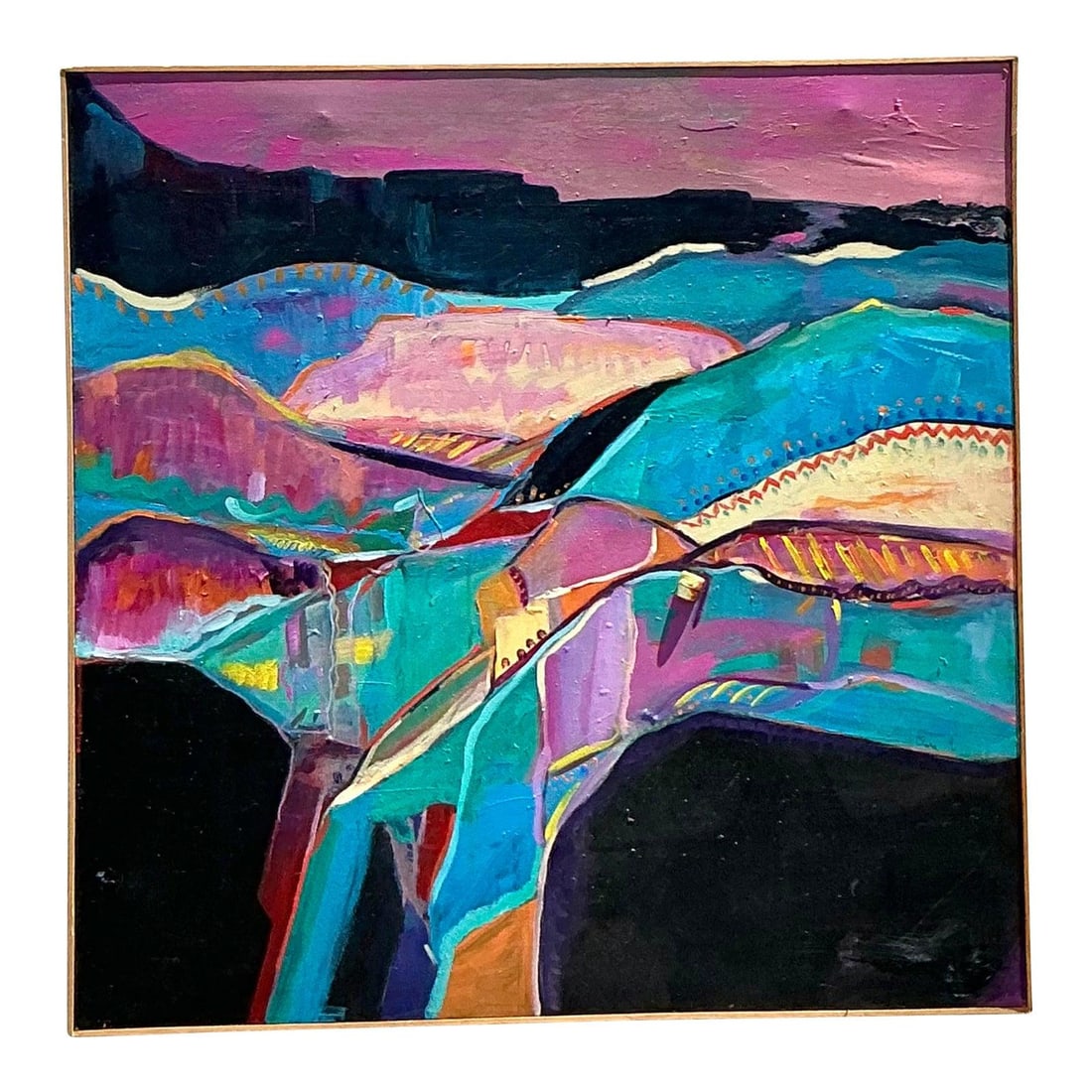 Original Vintage Boho Mixed Media Landscape Canvas Painting 36.5x36.5: Original Vintage Boho Mixed Media Landscape Canvas Painting 36.5x36.5 Transform your space with this exquisite vintage boho mixed media landscape painting, an original work on canvas. Bursting with vi