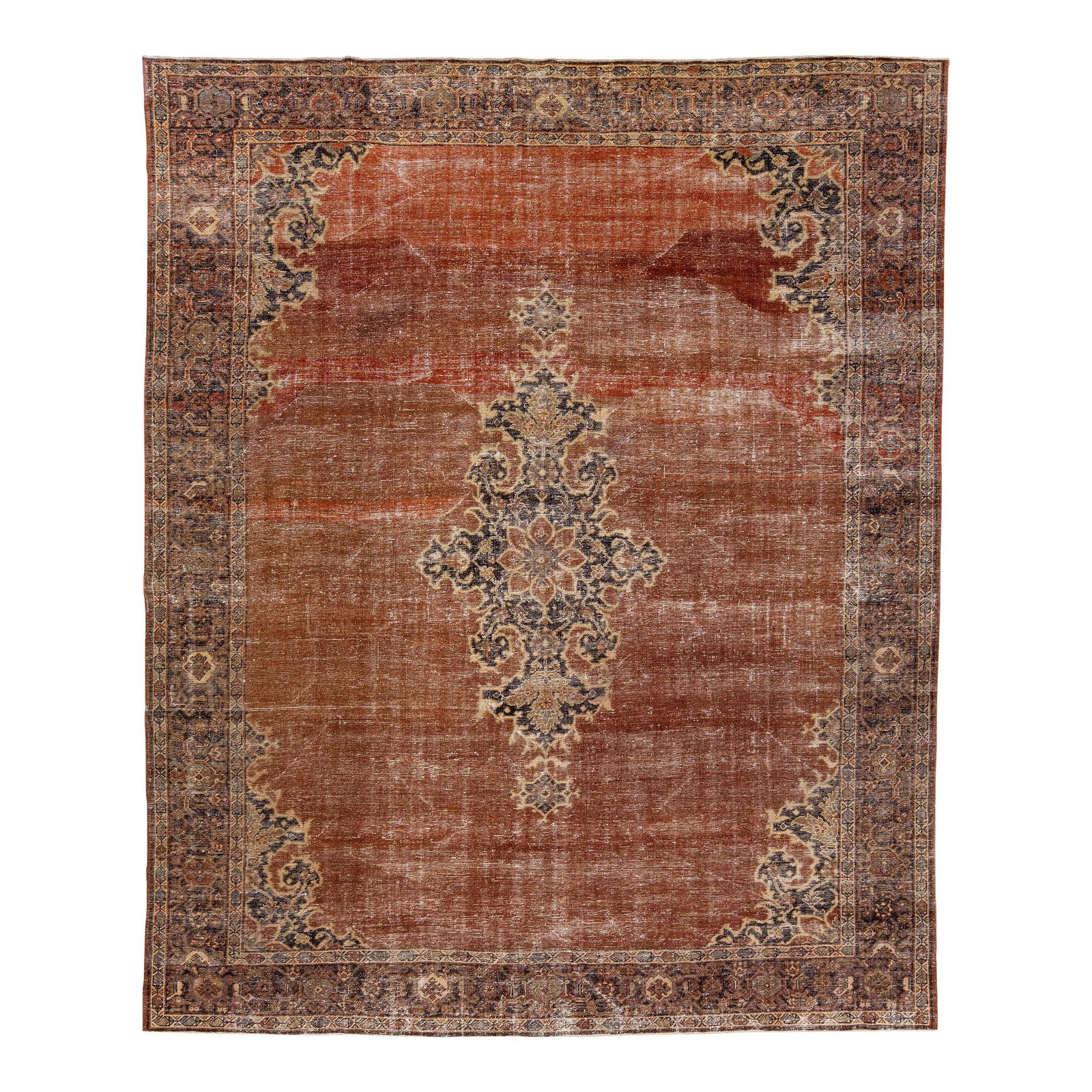 Antique Persian Tabriz Wool Rug Copper Color 9'8 x 11'6: Antique Persian Tabriz Wool Rug Copper Color 9'8 x 11'6 Discover the elegance of this antique Persian hand-knotted wool rug, featuring a striking copper color field. This exquisite piece showcases a b