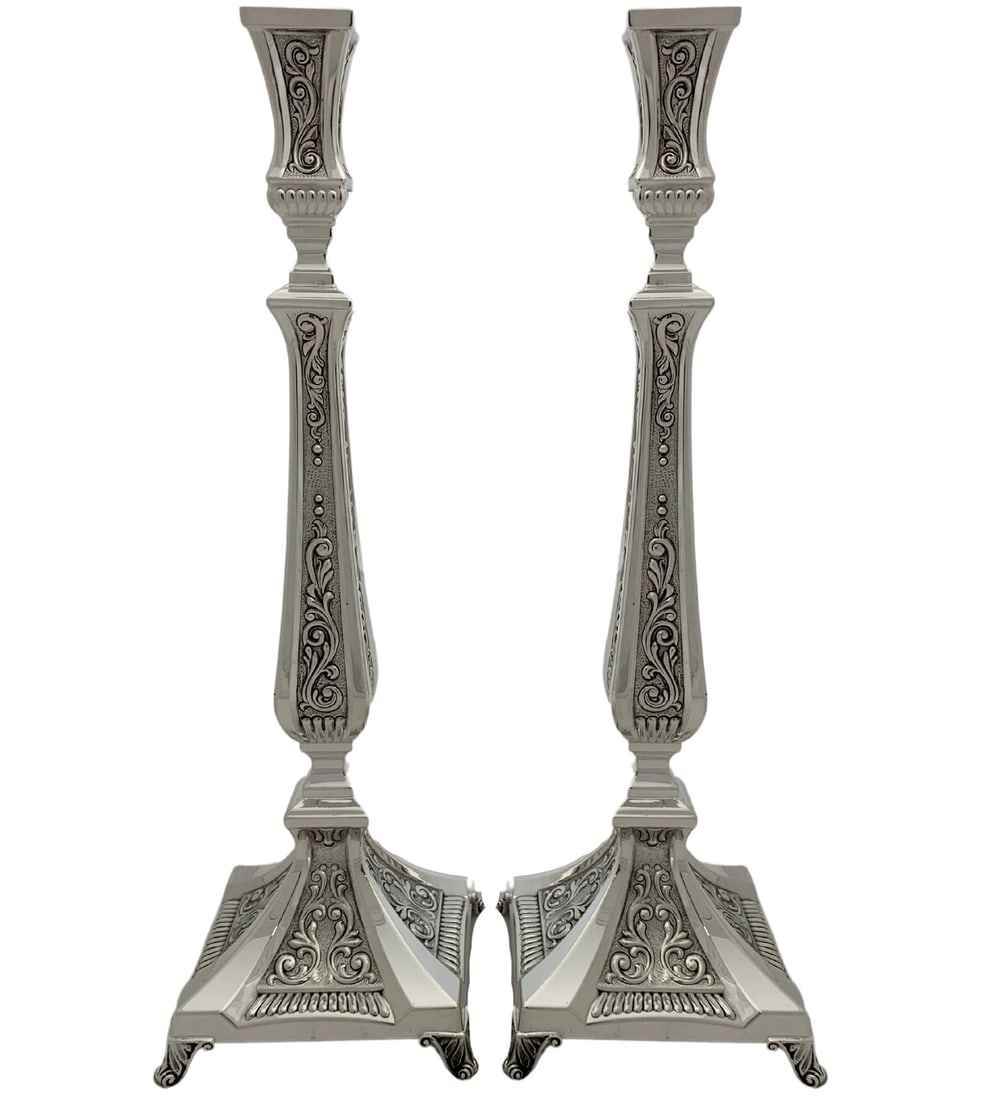 Handmade 925 Sterling Silver Chased Swirl Square Candlesticks: Handmade 925 Sterling Silver Chased Swirl Square Candlesticks Illuminate your space with these exquisite handmade chased swirl ornate square candlesticks crafted from fine 925 sterling silver. Made in