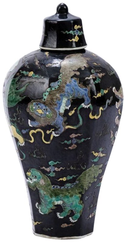 Handmade Asian Antique Style Black Porcelain Lion Vase 17H: Handmade Asian Antique Style Black Porcelain Lion Vase 17H This elegant black porcelain vase features a striking lion design, embodying a blend of artistry and craftsmanship. Standing at 17 inches tal