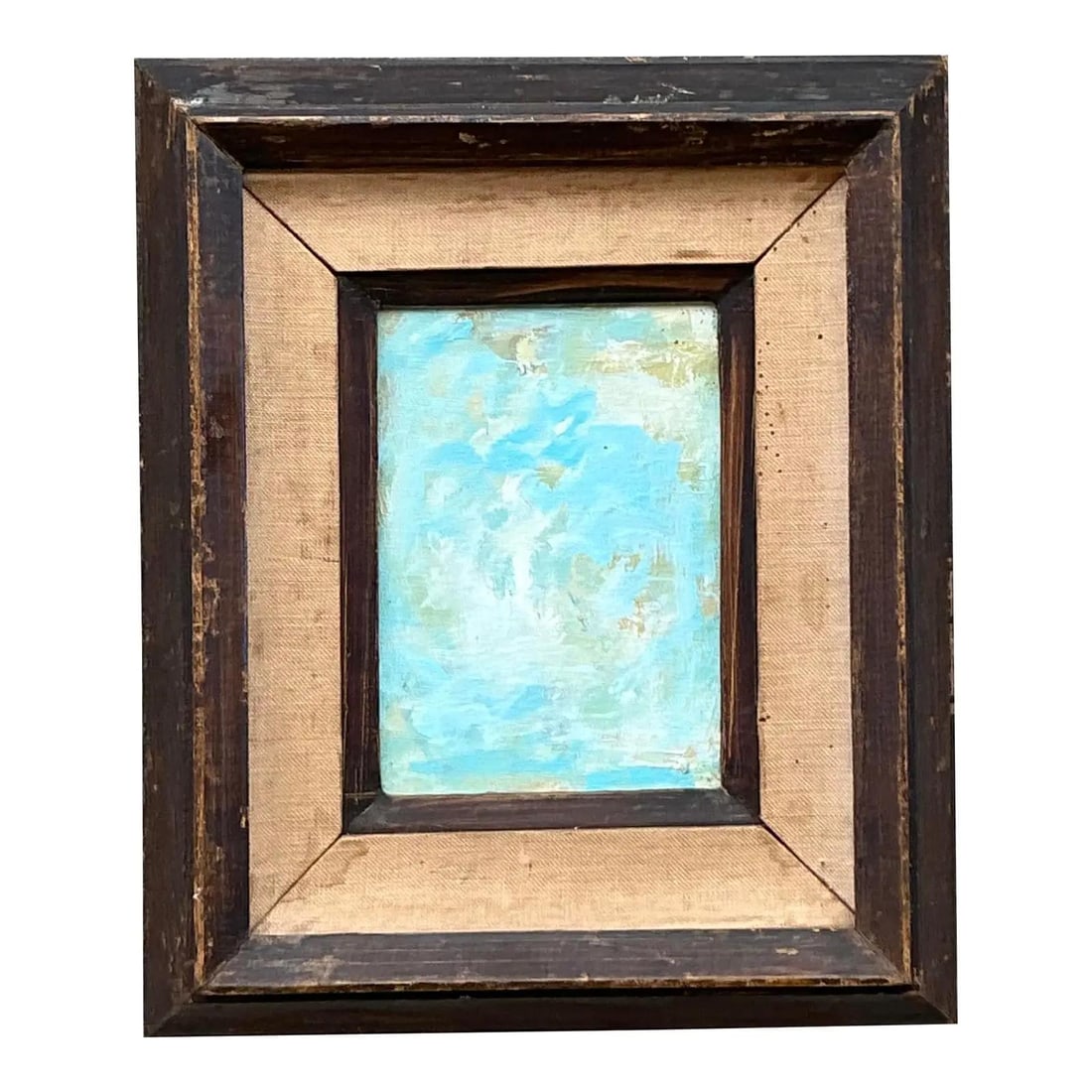 Vintage Abstract Oil Painting in Wood Frame with Linen Mat: Vintage Abstract Oil Painting in Wood Frame with Linen Mat Experience serene contemplation through this stunning vintage abstract oil painting. This original artwork showcases thickly applied impasto
