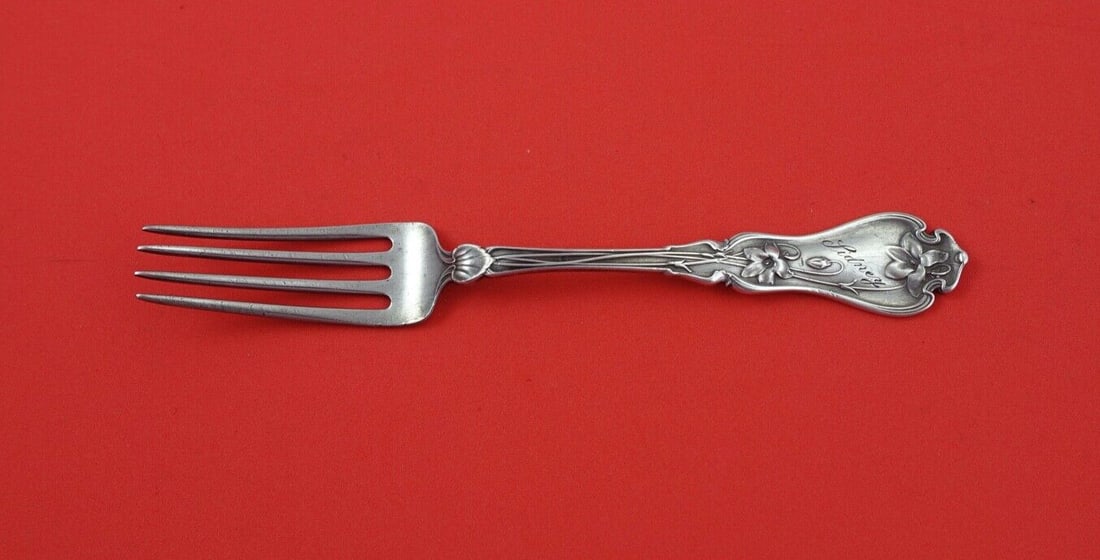 Whiting Violet Sterling Silver Junior Fork 1906 Monogrammed 6 1/8": Whiting Violet Sterling Silver Junior Fork 1906 Monogrammed 6 1/8" This exquisite junior fork is crafted from high-quality sterling silver and features the elegant Violet pattern by Whiting, dated 190