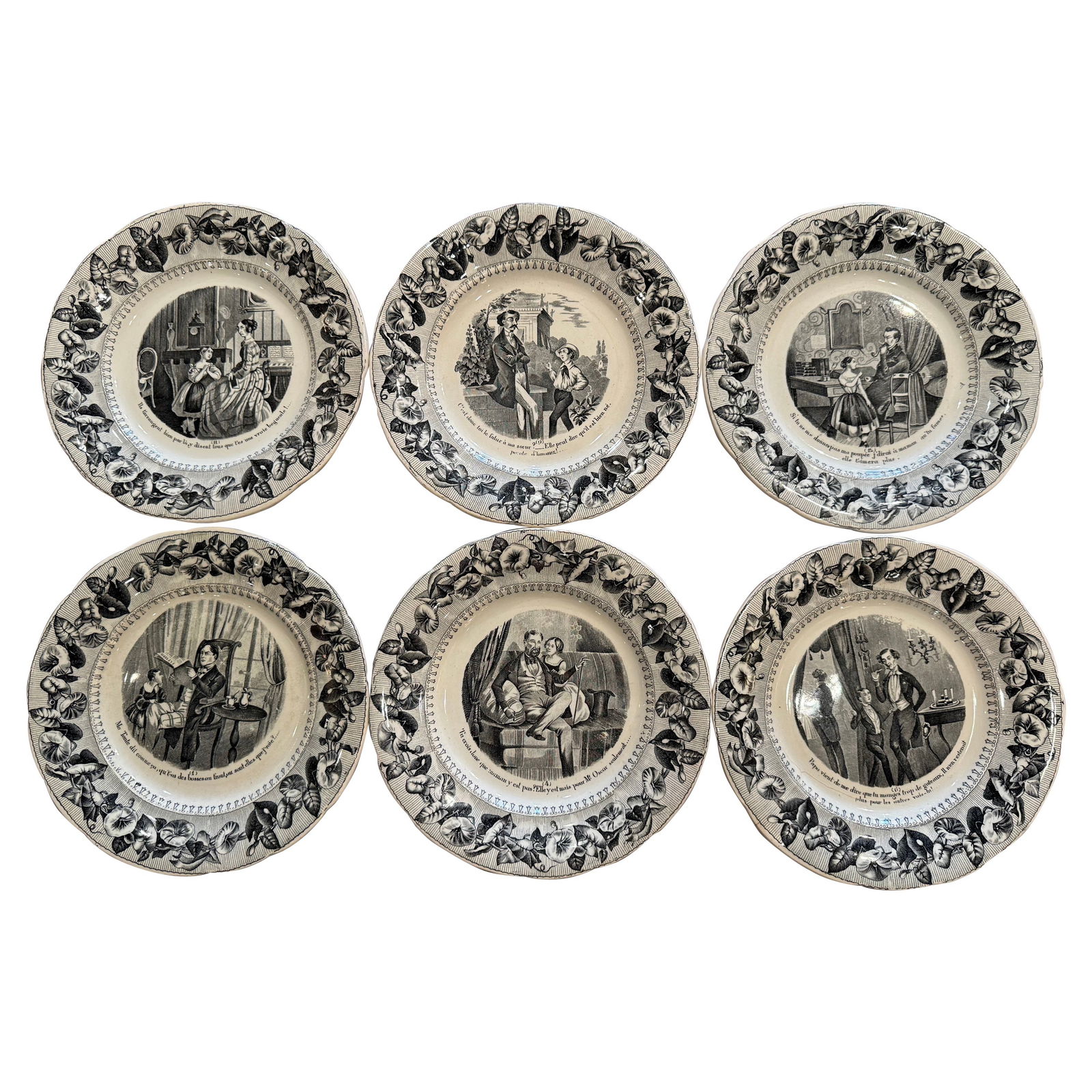 19th Century Napoleon III Set of 6 Hand-Painted Ceramic Plates from Creil et Montereau: 19th Century Napoleon III Set of 6 Hand-Painted Ceramic Plates from Creil et Montereau Discover this exquisite set of six 19th Century French Napoleon III black and white ceramic dessert plates, craft