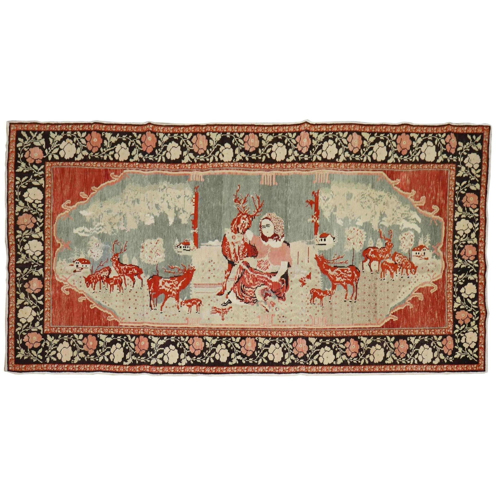 Mid-20th Century Pictorial Reindeer Karabagh Rug Hand-Woven Wool: Mid-20th Century Pictorial Reindeer Karabagh Rug Hand-Woven Wool This exquisite Pictorial Reindeer Russian Karabagh Rug is a stunning piece of folk art dating back to the mid-20th century, circa 1940.