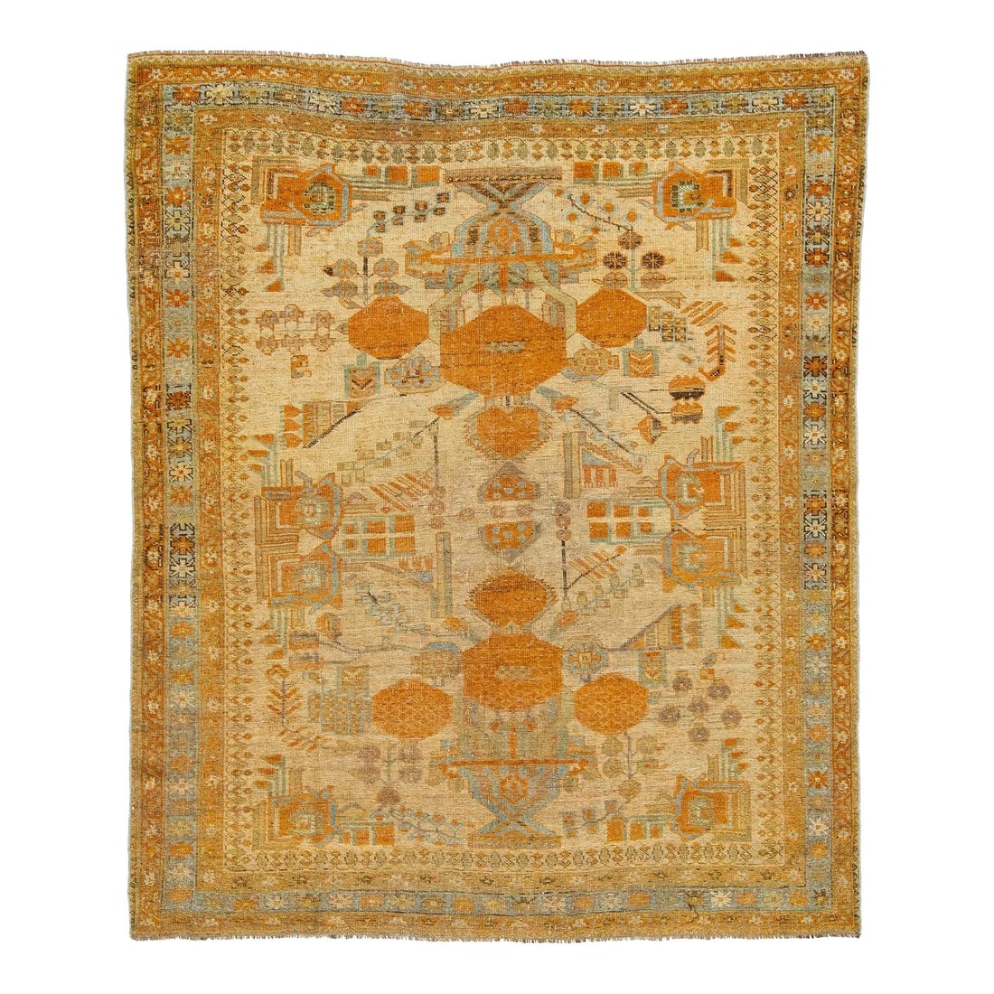 Antique Persian Afshar Handmade Wool Rug Tan Orange Allover Design: Antique Persian Afshar Handmade Wool Rug Tan Orange Allover Design This stunning antique Persian Afshar rug showcases a captivating tan color field, elegantly framed with a blue design and vibrant ora
