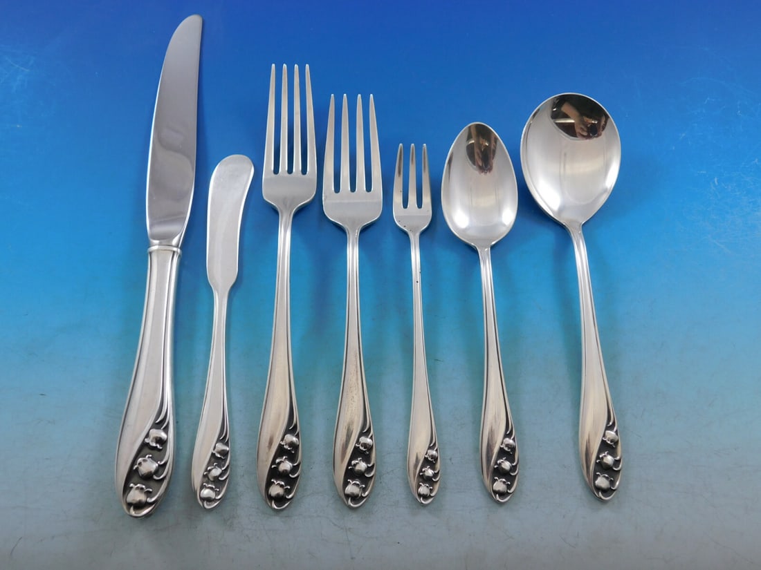 Gorham Lily of the Valley Sterling Silver Flatware Set 64 Pieces for 8: Gorham Lily of the Valley Sterling Silver Flatware Set 64 Pieces for 8 Enhance your dining experience with the exquisite Lily of the Valley flatware set by Gorham, crafted from high-quality sterling s