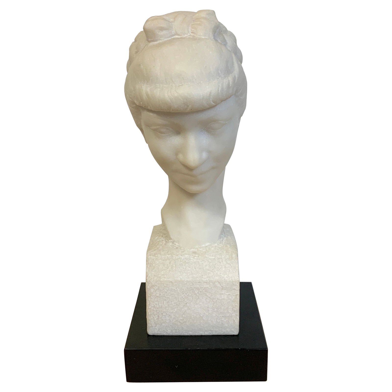 L. Cordonnier 1951 French Modern Marble Bust of Lady: L. Cordonnier 1951 French Modern Marble Bust of Lady This exquisite French Modern Marble Portrait Bust, crafted by L. Cordonnier in 1951, showcases a serene young lady with braided hair gently gazing