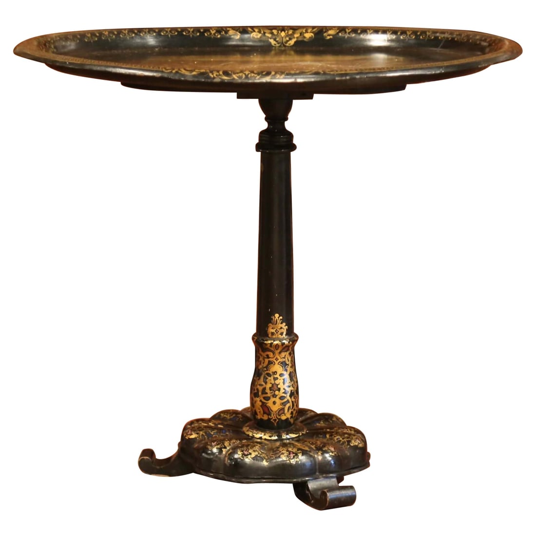 19th Century French Napoleon III Giltwood Table with Hand Painted Tole Top: 19th Century French Napoleon III Giltwood Table with Hand Painted Tole Top This exquisite 19th Century French Napoleon III side table showcases a striking combination of artistry and craftsmanship. Fe