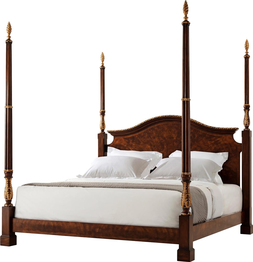 Theodore Alexander King Size Mahogany Bed with Brass Detailing: Theodore Alexander King Size Mahogany Bed with Brass Detailing This formal king-size bed features a classic mahogany construction complemented by elegant brass accents. The headboard stands tall, addi