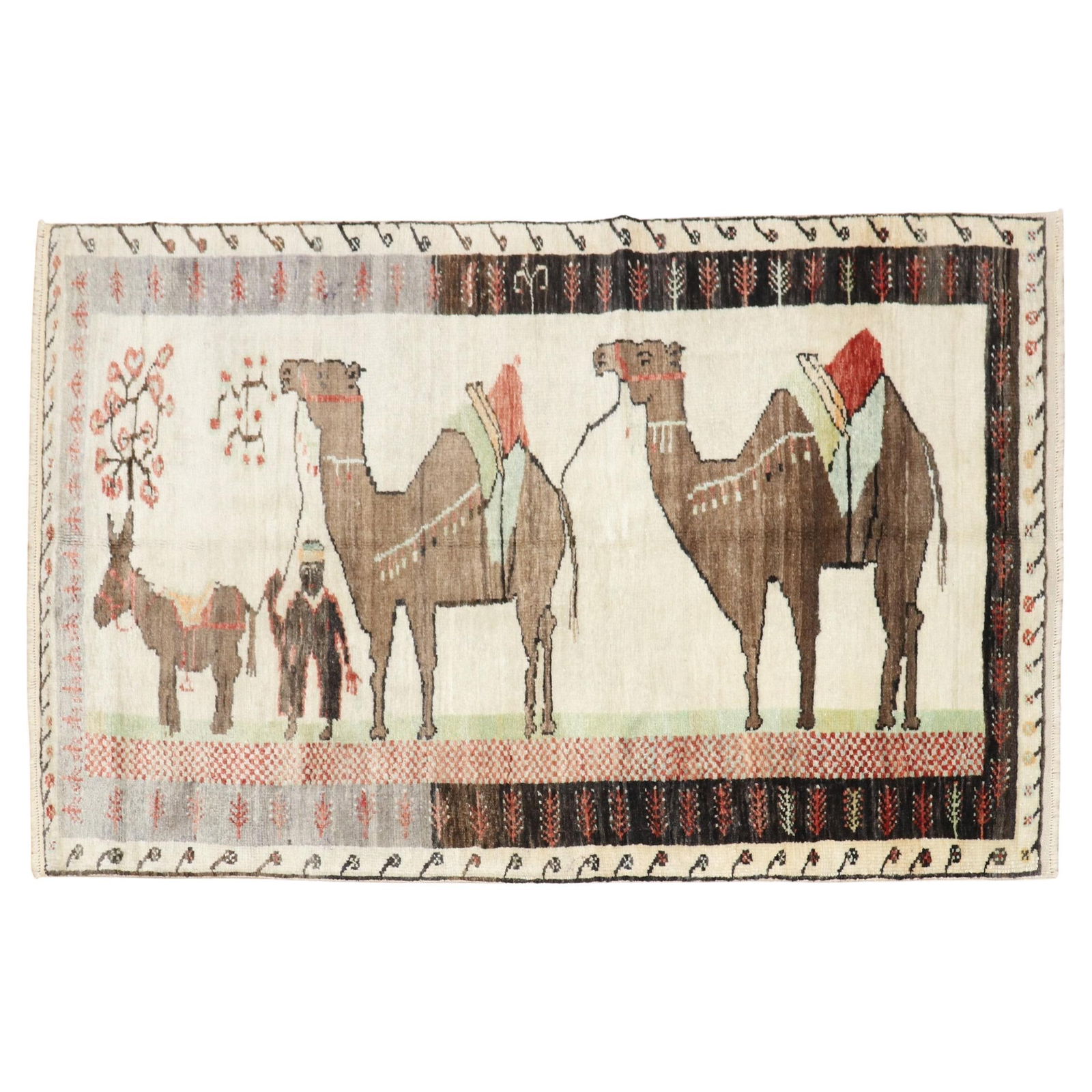 Vintage Hand-Woven Turkish Wool Rug with Donkey and Camel Design: Vintage Hand-Woven Turkish Wool Rug with Donkey and Camel Design This vintage Turkish rug features a charming folk art design, showcasing camels and donkeys against an elegant ivory background. Hand-w