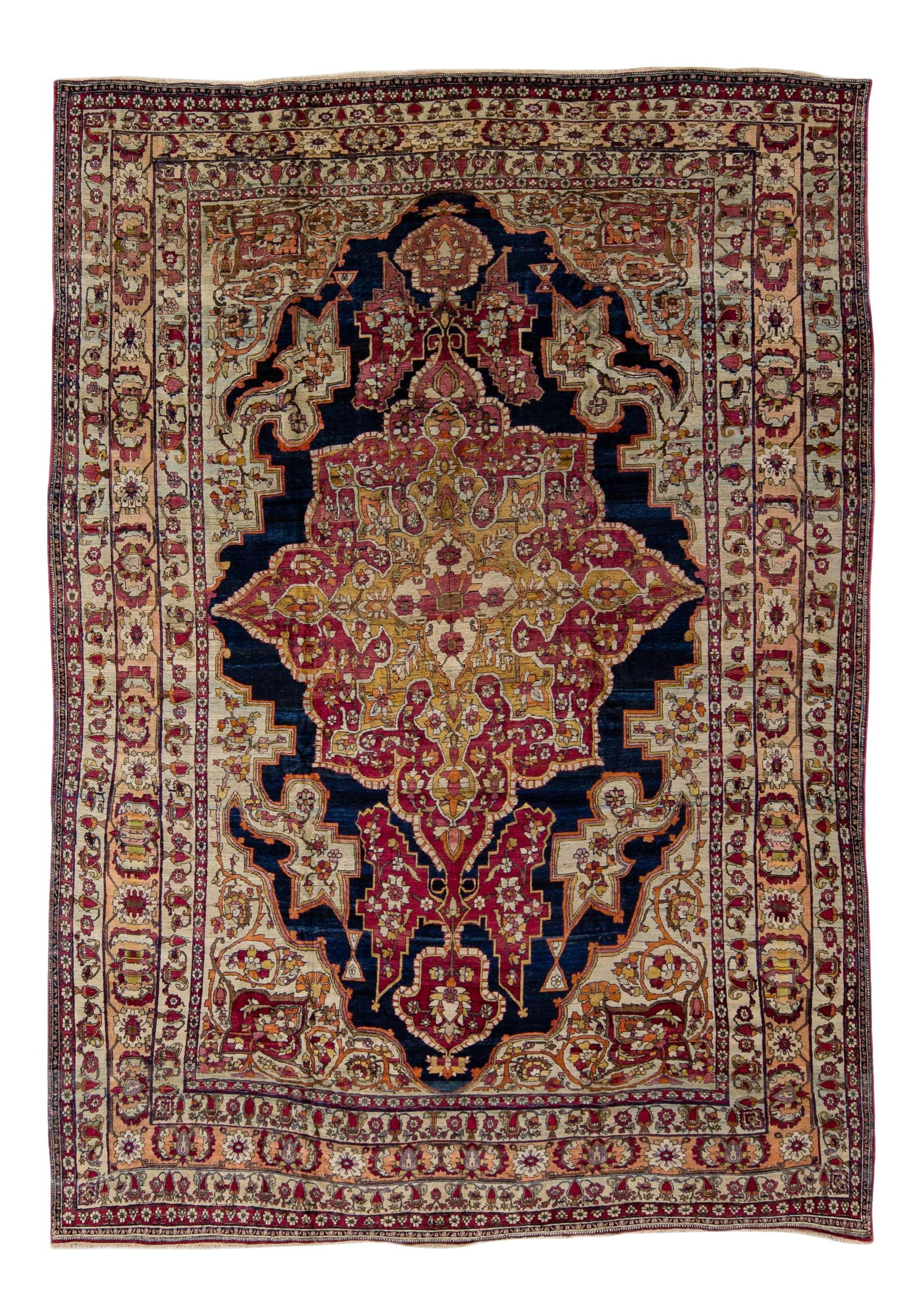 Antique Kerman Handmade Floral Medallion Wool Rug 10'8" x 15'1": Antique Kerman Handmade Floral Medallion Wool Rug 10'8" x 15'1" This stunning Antique Kerman hand-knotted wool rug features a captivating blue and beige field adorned with a multicolor floral medallio