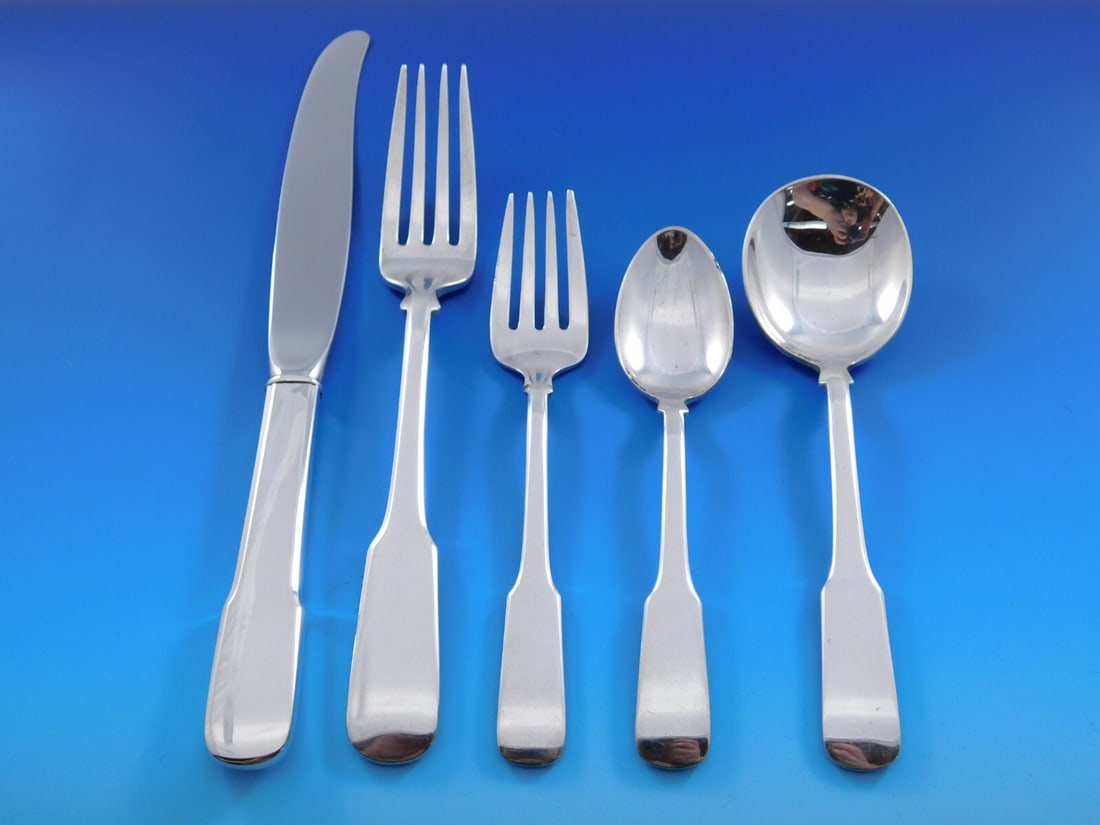 Tuttle Colonial Fiddle Sterling Silver Flatware Set 65 pcs for 12: Tuttle Colonial Fiddle Sterling Silver Flatware Set 65 pcs for 12 Discover the elegance of the Colonial Fiddle Sterling Silver Flatware Set by Tuttle, designed to serve 12. This exquisite collection b