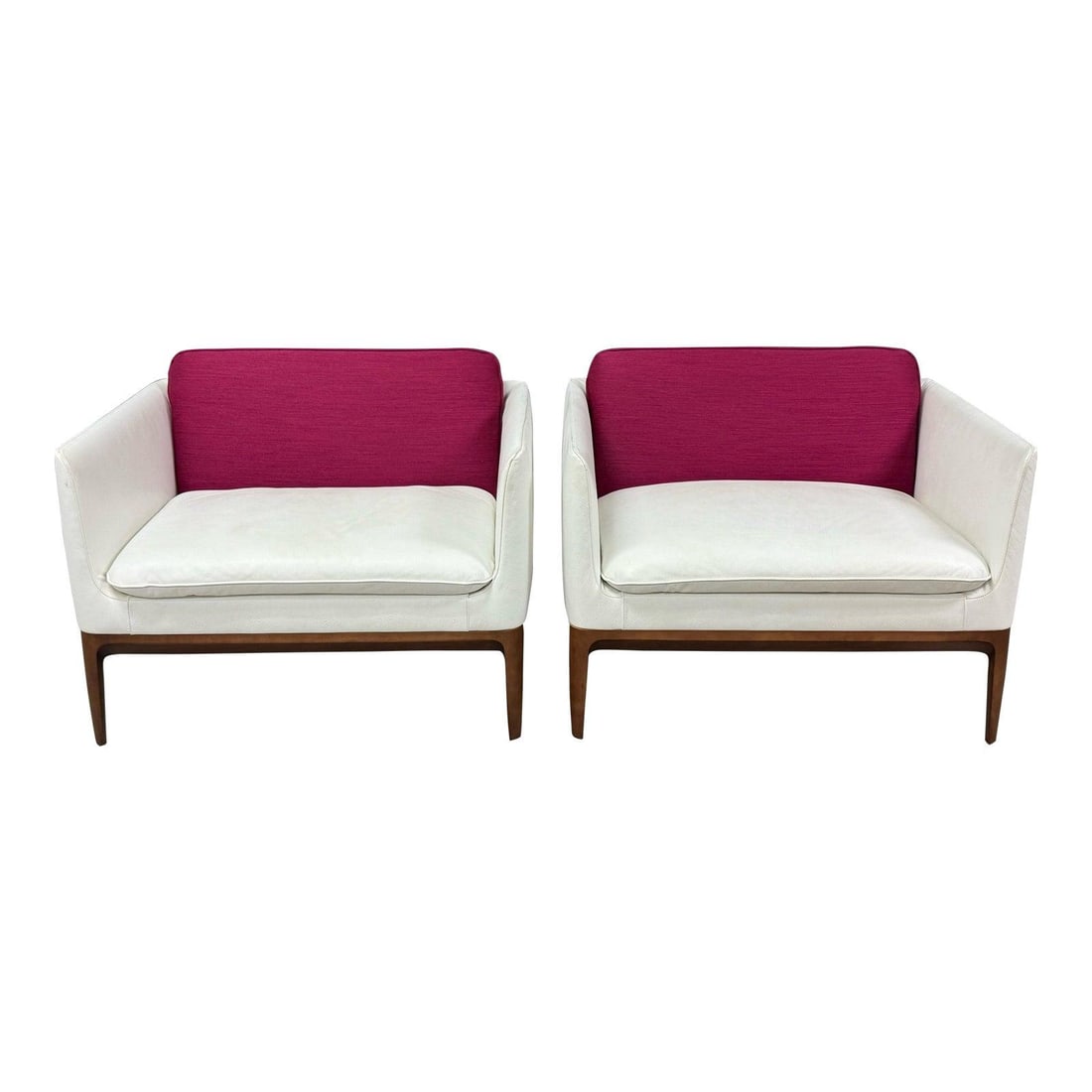 Stylish Pair of Bernhardt Modern Lounge Chairs with Pink Cushions: Stylish Pair of Bernhardt Modern Lounge Chairs with Pink Cushions Enhance your living space with this stylish pair of modern lounge chairs by Bernhardt Furniture. Featuring a sleek white finish comple