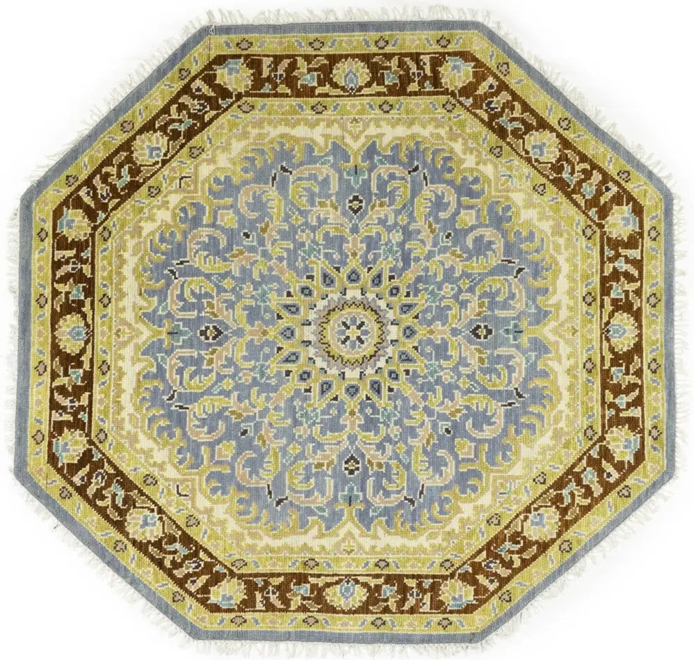 Hand-knotted Wool Octagonal Area Rug with Blue Floral Pattern 5'9 x 6'1: Hand-knotted Wool Octagonal Area Rug with Blue Floral Pattern 5'9 x 6'1 This handmade Oushak area rug features a unique octagon shape with a blue floral design and traditional oriental motifs. Crafted