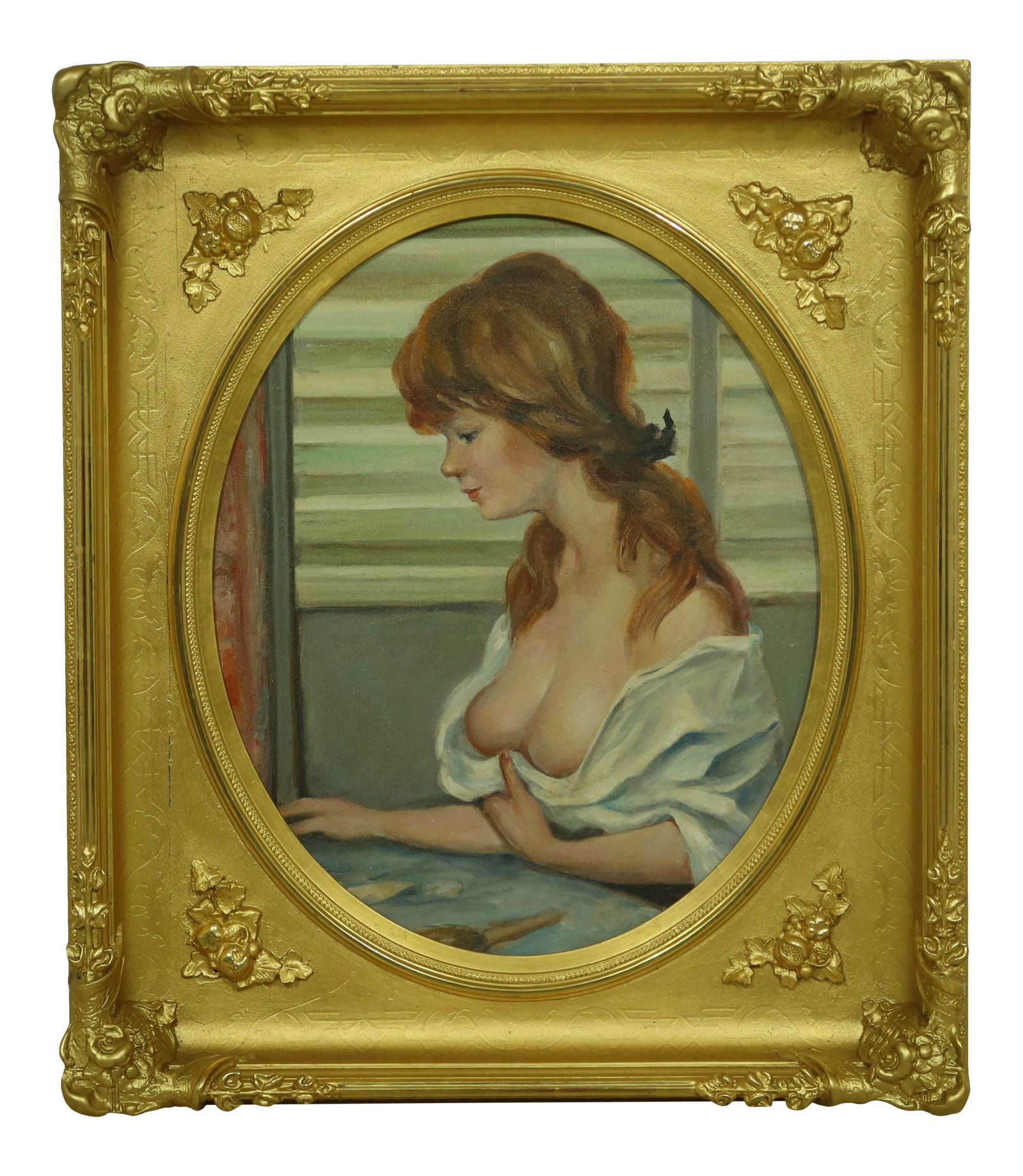Vintage Nude Female Painting in Gold Leaf Frame 27x31: Vintage Nude Female Painting in Gold Leaf Frame 27x31 This exquisite nude female painting features a vibrant gold leaf vintage frame, showcasing its timeless elegance. The frame is approximately 100 y