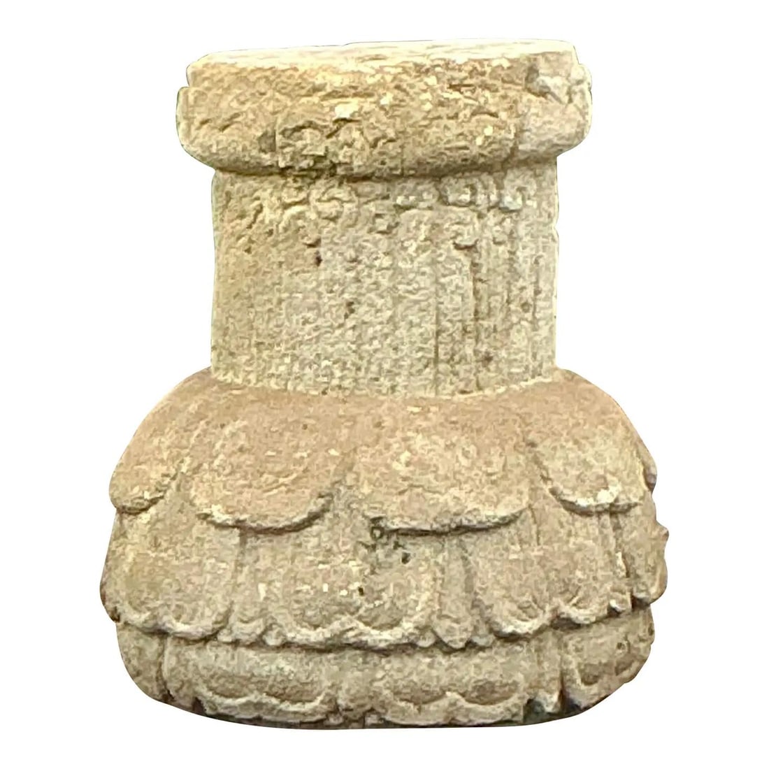 Vintage Boho Cast Stone Pedestal with Fluted Column and Petal Motifs: Vintage Boho Cast Stone Pedestal with Fluted Column and Petal Motifs Discover the charm of vintage design with this stunning cast stone pedestal. Featuring a striking fluted column that rises from a b