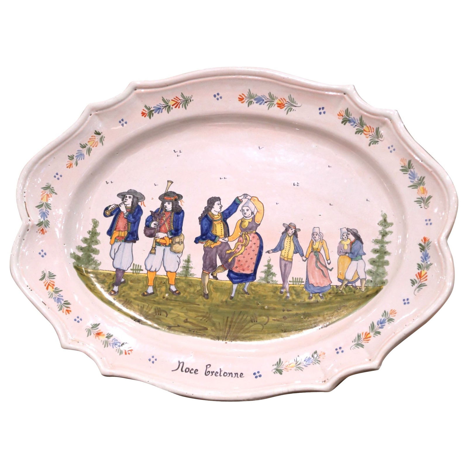 Early 20th Century HB Quimper Faience Oval Platter Noce Bretonne: Early 20th Century HB Quimper Faience Oval Platter Noce Bretonne This exquisite early 20th century oval wall platter, crafted by the renowned HB Quimper workshop in Brittany, France, showcases the vib