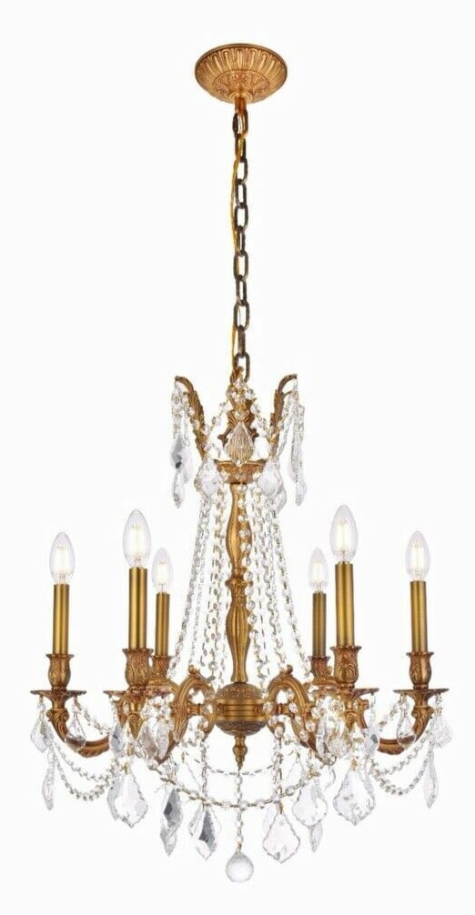 Rosalia 6-Light French Gold Chandelier: Rosalia 6-Light French Gold Chandelier Illuminate your space with this stunning 6-light crystal chandelier in a luxurious French gold finish. Perfect for dining rooms, living rooms, kitchens, and more